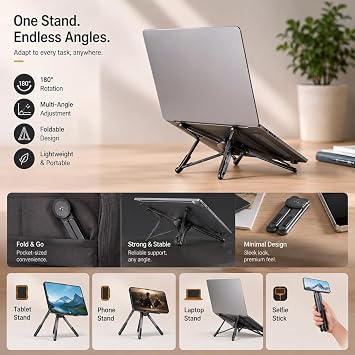 McStorey Katlanabilir Laptop Standı, Tablet ve Telefon Standı, 4'ü 1 Arada Çok Açılı Ayarlanabilir Notebook Sehpası, Selfie Stick Özellikli, Taşınabilir Masaüstü Standı, Gri
