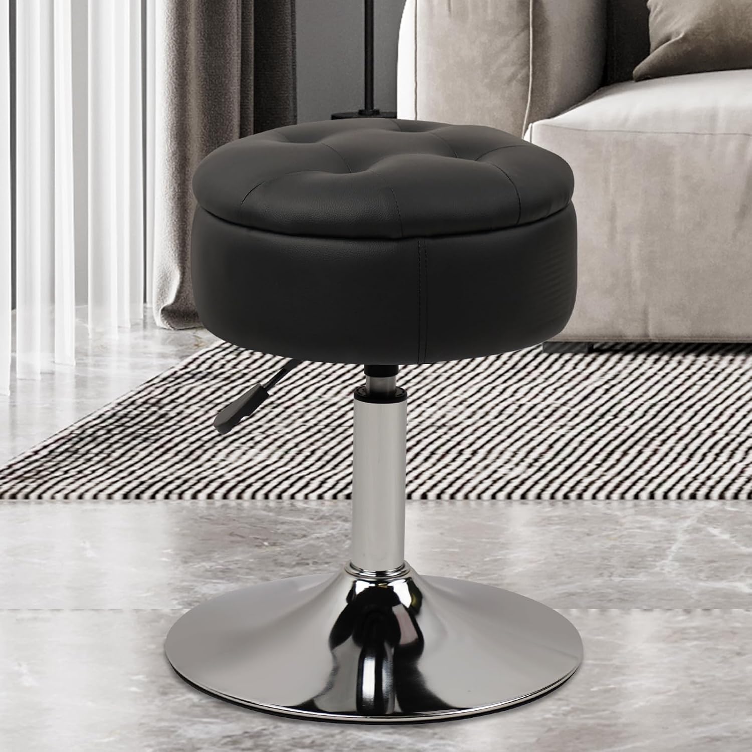 Salon Stool with Big Storage Set of 2, Height Adjustable 361° Swivel Modern Round Leather Tufted Makeup Vanity Stools for Massage Facial Spa Beauty Nail Medical Clinic Tattoo Barber, Black