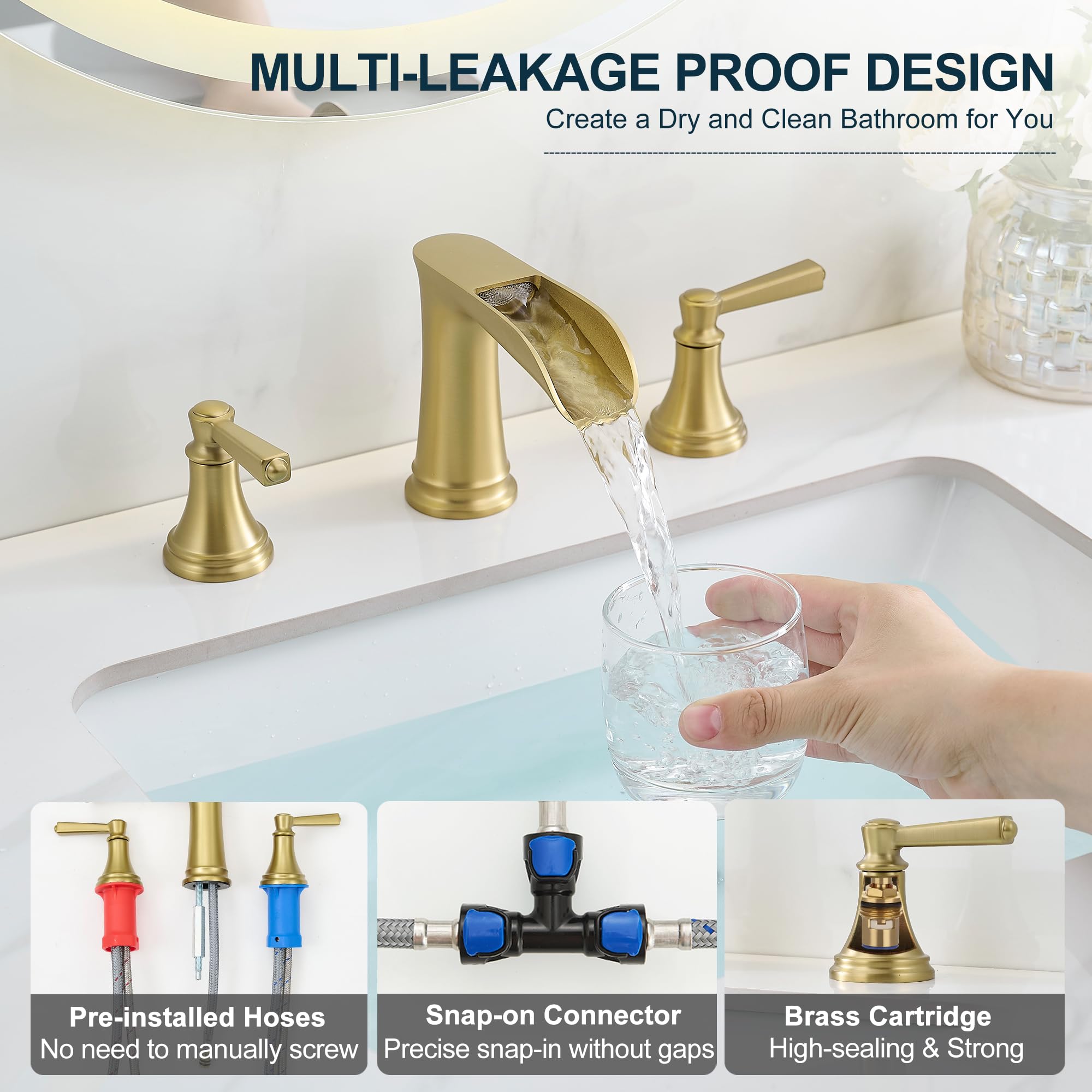 Robinet de salle de bain 8 pouces en laiton doré brossé, 3 trous, style cascade, à entraxe large et 2 poignées, avec bonde clic-clac et flexibles d'alimentation préinstallés en PVC-U pour meuble-lav
