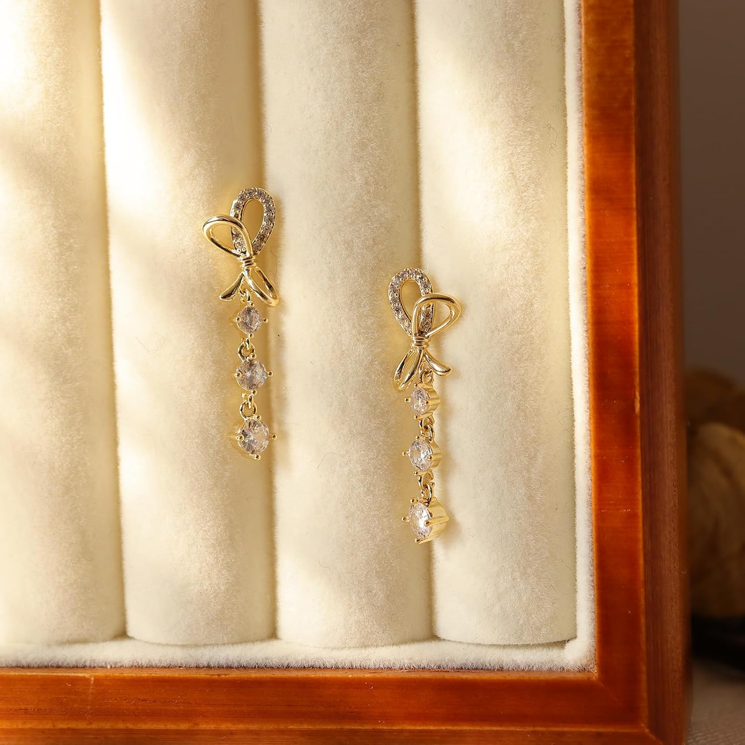 Jean Beau Gold Bow Drop Earrings for Women, Trendy Butterfly Sparkly Cubic Zirconia Hypoallergenic Dangle Earring Fashion Christmas Xmas Santa Outfit Accessories Jewelry Gift - Image 5