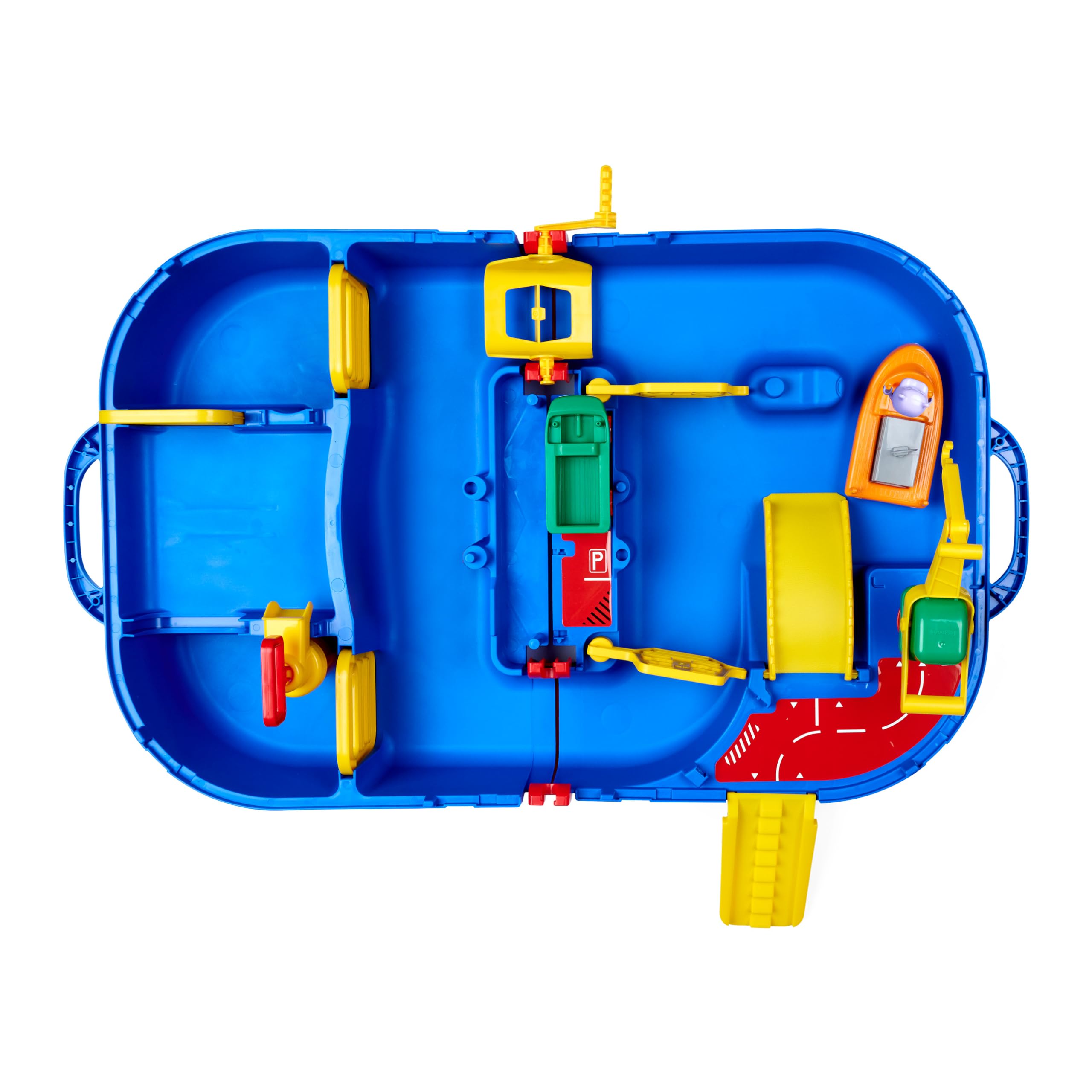 AquaPlay Tor wodny walizka transportowa, 25 części, figurka Hippo Wilma, samochód amfibiowy, łódź, kontener, Zachęca Do Kreatywnej Zabawy, Przenośny Zestaw Do Wodnej Zabawy Dla Dzieci w wieku od 3 lat