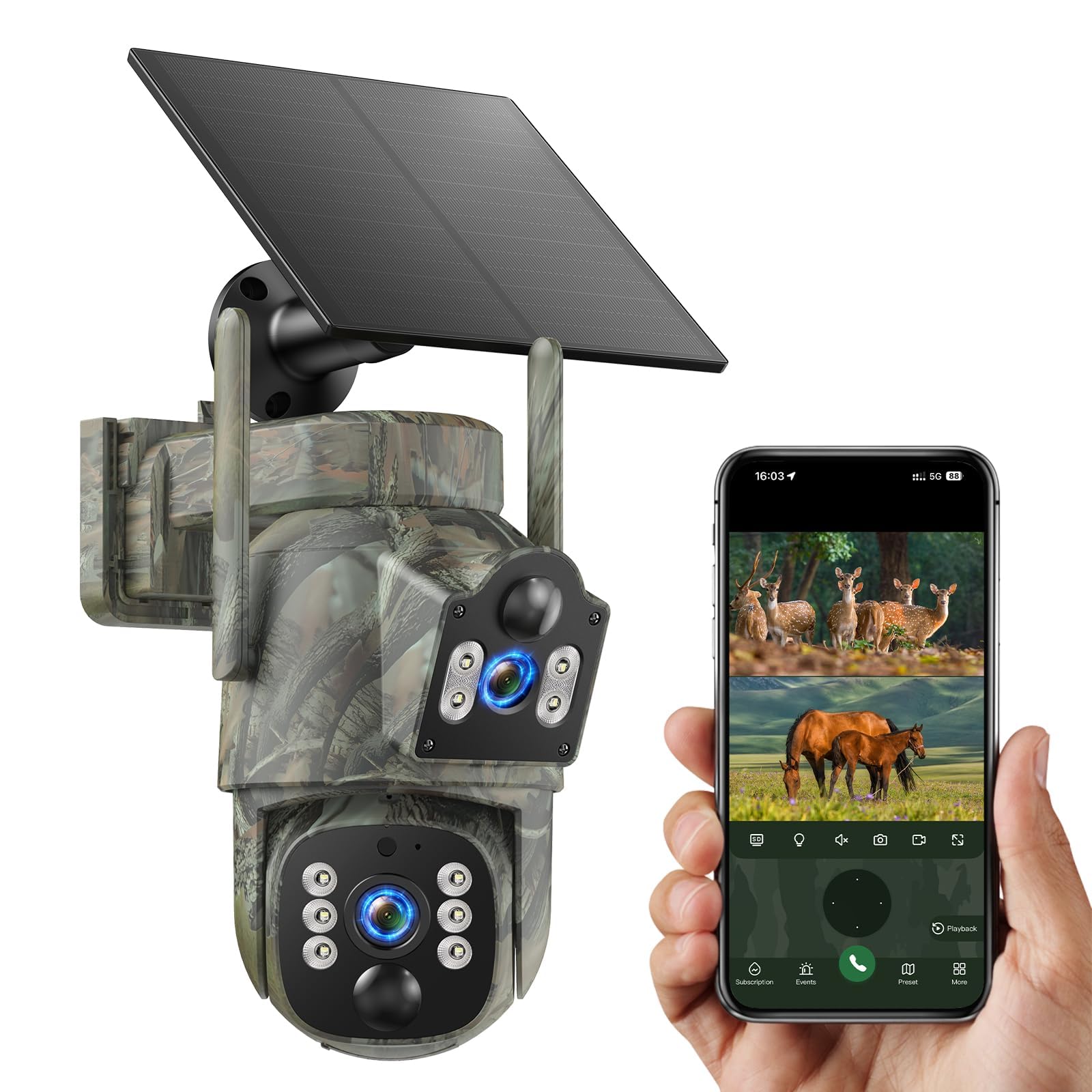 VOOPEAK Caméra de sécurité cellulaire 4G LTE, Double Objectif PTZ 360° avec Suivi Automatique, caméra Solaire sans Fil pour extérieur avec Carte SIM, Vision Nocturne Couleur 2K HD, étanchéité IP66