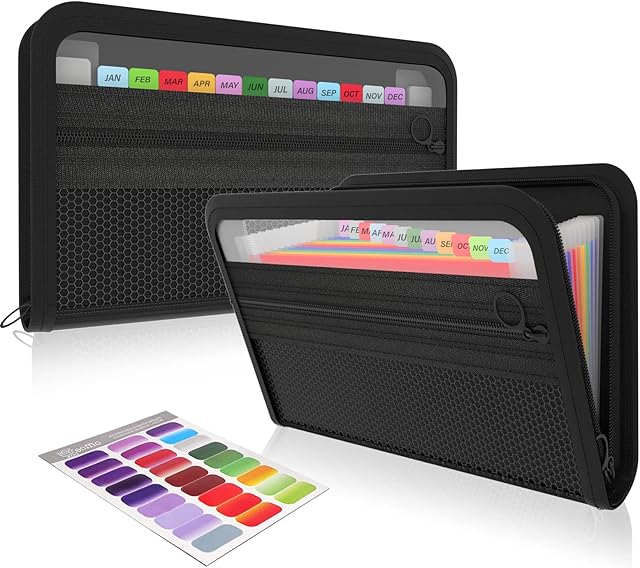 Heltrappe Mini Expanding File Organiser 13 Pockets,for Receipt/Invoice/Coupon/Check/Bill/Tax Receipt/Ticket/A6 File Folder Zippered ,Small Accordian Document Folders Wallet with Mesh Bag &Labels Index