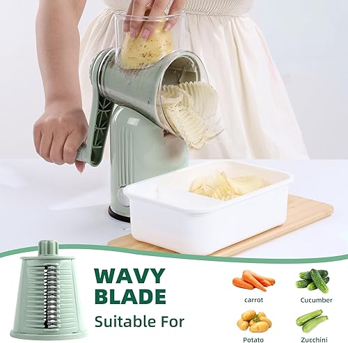 Miniatura 7 de Rallador rotativo de queso con asa, triturador de verduras con 5 cuchillas reemplazables y base de succión fuerte, rebanador redondo de alimentos y