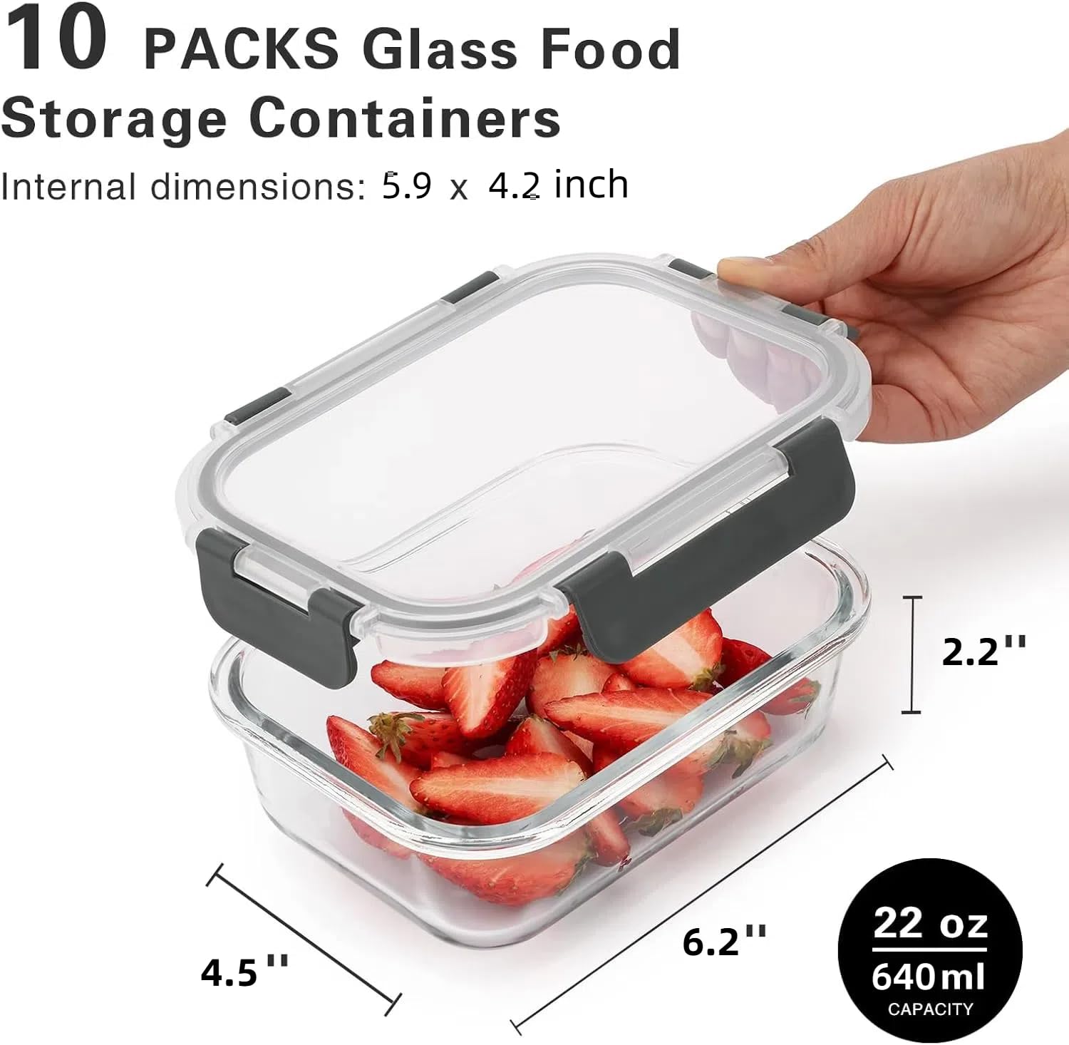 Cuiselect Paquete de 10 recipientes de vidrio de 22 onzas con tapas, recipientes de vidrio reutilizables para almacenamiento de alimentos con tapas, a prueba de fugas, aptos para microondas, horno,