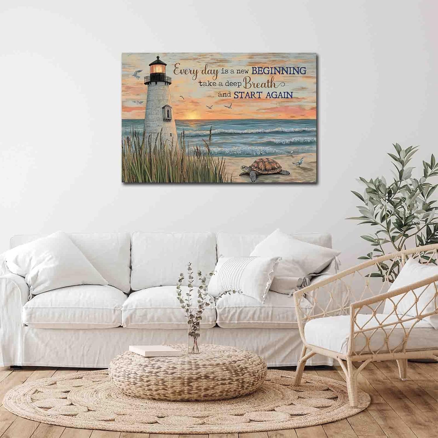 Sea Turtle Bathroom Canvas Wall Art Beach Blue Ocean Lighthouse Inspirational Quotes Pictures Wall Decor Painting Prints Artwork Home Decoration for Bedroom Kitchen Office Canvas Roll 24x36 inch