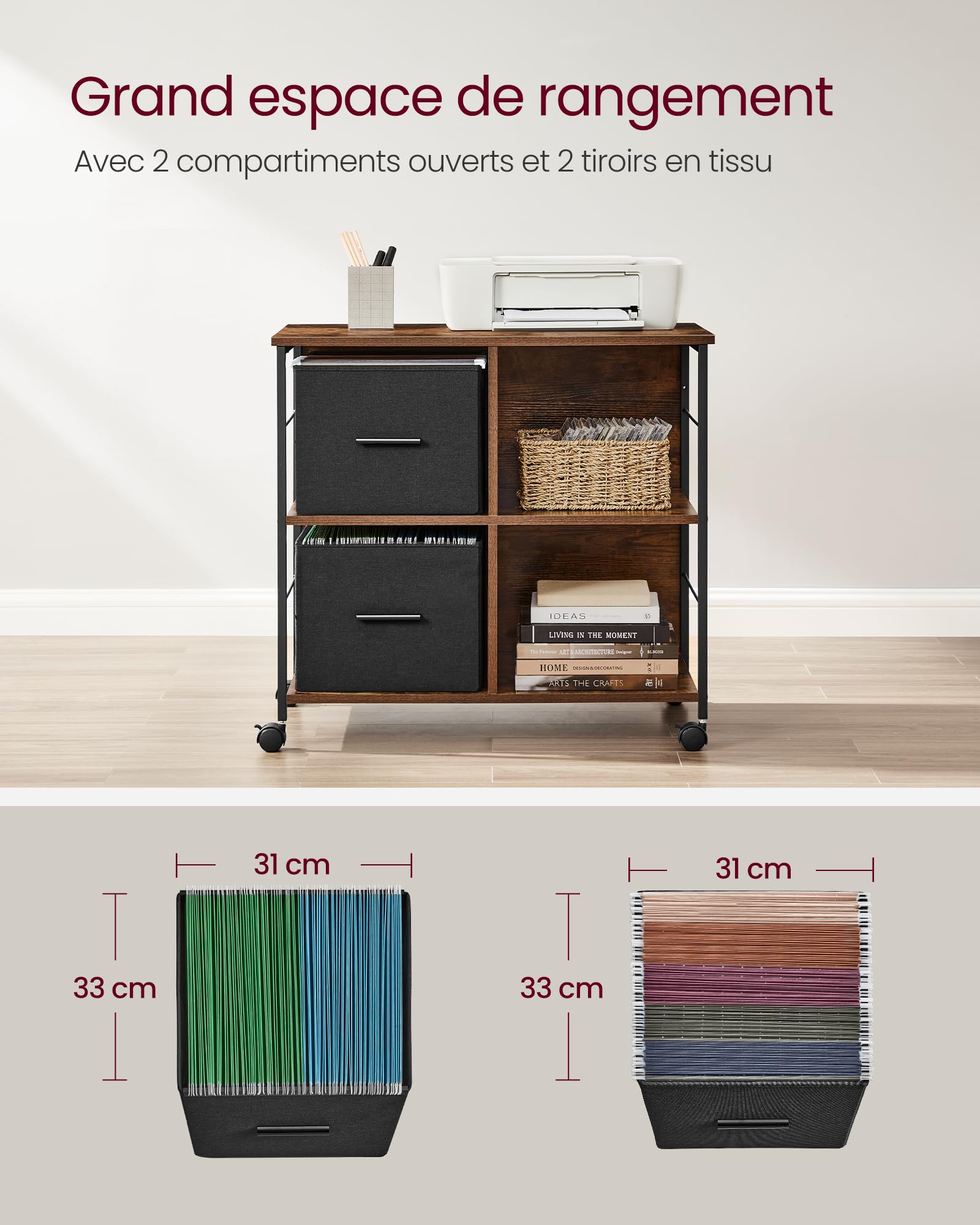 VASAGLE Caisson Bureau, Support pour Imprimante, Mobile, 2 Tiroirs en Tissu, Montage Facile, Étagères Ouvertes, pour Format A4, Dossiers Suspendus, Bureau, Marron Rustique et Noir d'encre OFC057B01