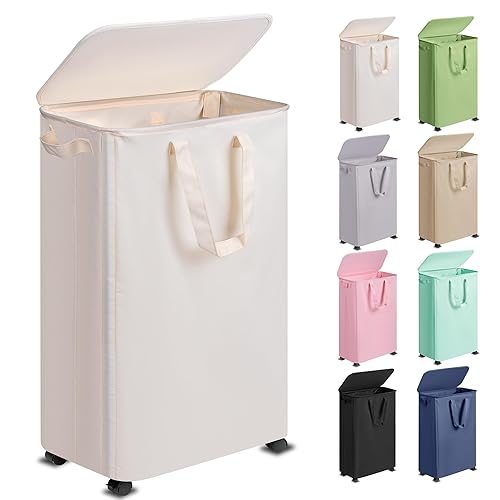 Vincona Slim Laundry Hamper with Lid and Wheels, Small Rolling Laundry Basket with Handle for Small Spaces, Tall Dirty Clothes Hampers for Dorm, Bathroom and Bedroom, 75L, Beige