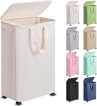 Slim Laundry Hamper with Lid and Wheels, Small Rolling Laundry Basket with Handle for Small Spaces, Tall Dirty Clothes Hampers for Dorm, Bathroom and Bedroom, 75L, Beige
