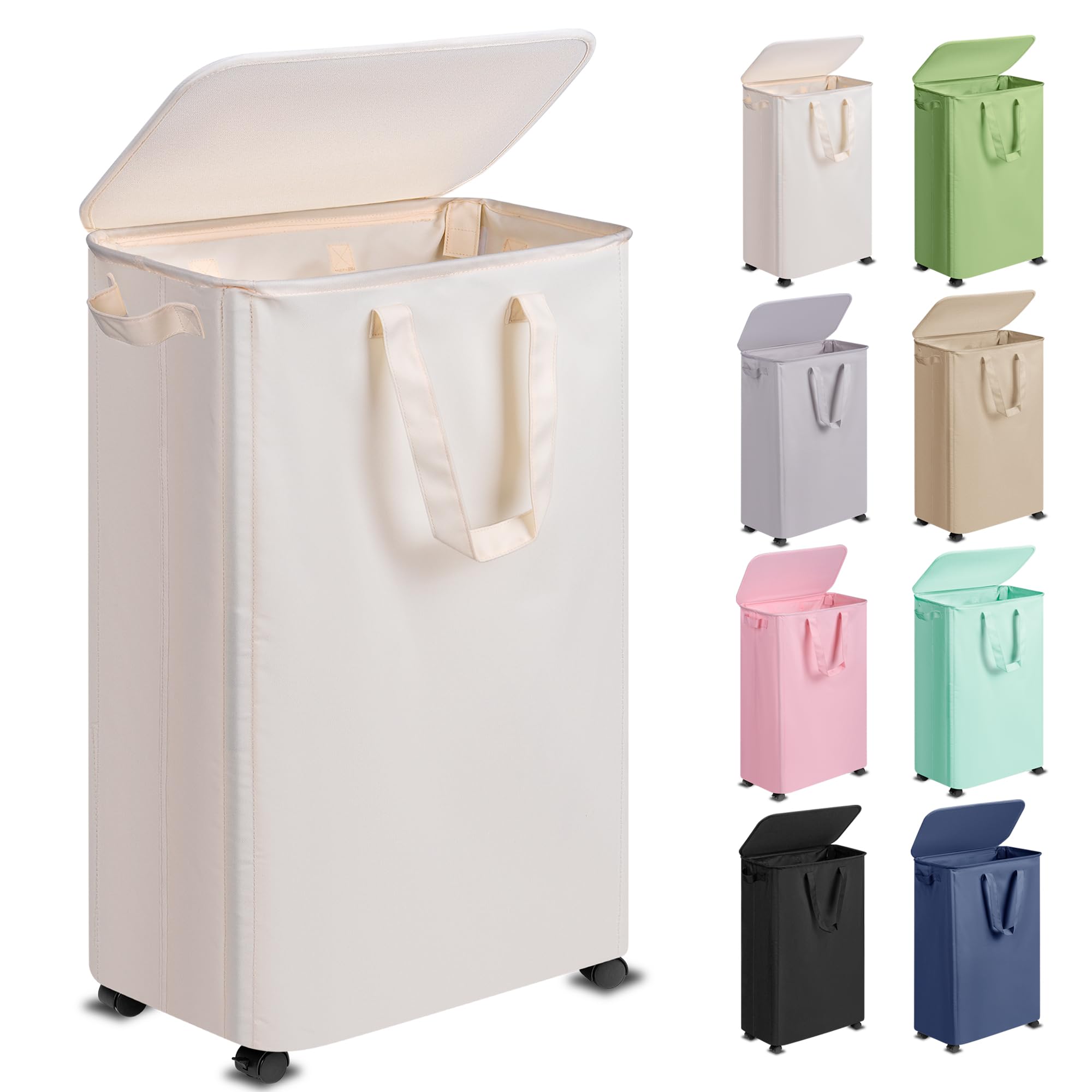 Vincona Slim Laundry Hamper with Lid and Wheels, Small Rolling Laundry Basket with Handle for Small Spaces, Tall Dirty Clothes Hampers for Dorm, Bathroom and Bedroom, 75L, Beige