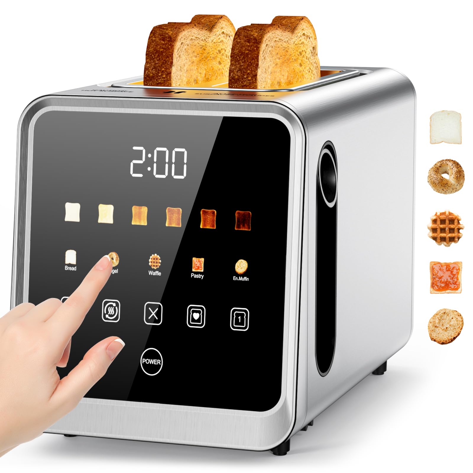 Toaster 2 Slice with Touchscreen, 1.5" Wide Slots & Memory Recall | 900W Stainless Steel Smart Digital Toasters | 6 Shade Settings for Bagels & Thick Bread | Defrost Reheat Single-Slice Mode