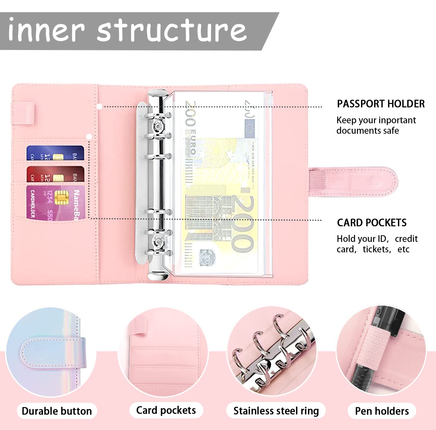BEYAOBN A6 ringband, 33st A6 budgetplanner voor budget-agenda, budgetbinding, notitieboek met doorzichtige plastic enveloppen, budgetbladen, etikettenstickers, makers, geld besparen, voor reizen