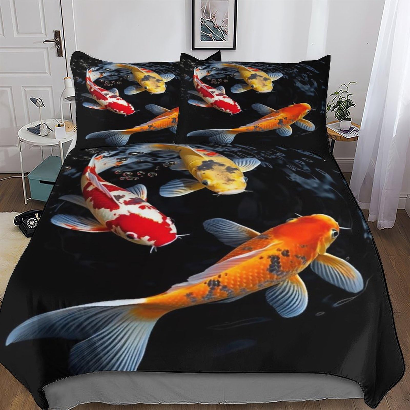 Koi Fish Duvet Cover Set 3D Bedding Set Microfiber Comforter Cover 3pcs with Pillow Shams, Soft Quilt Covers for Kids Adult Double (200x200cm)