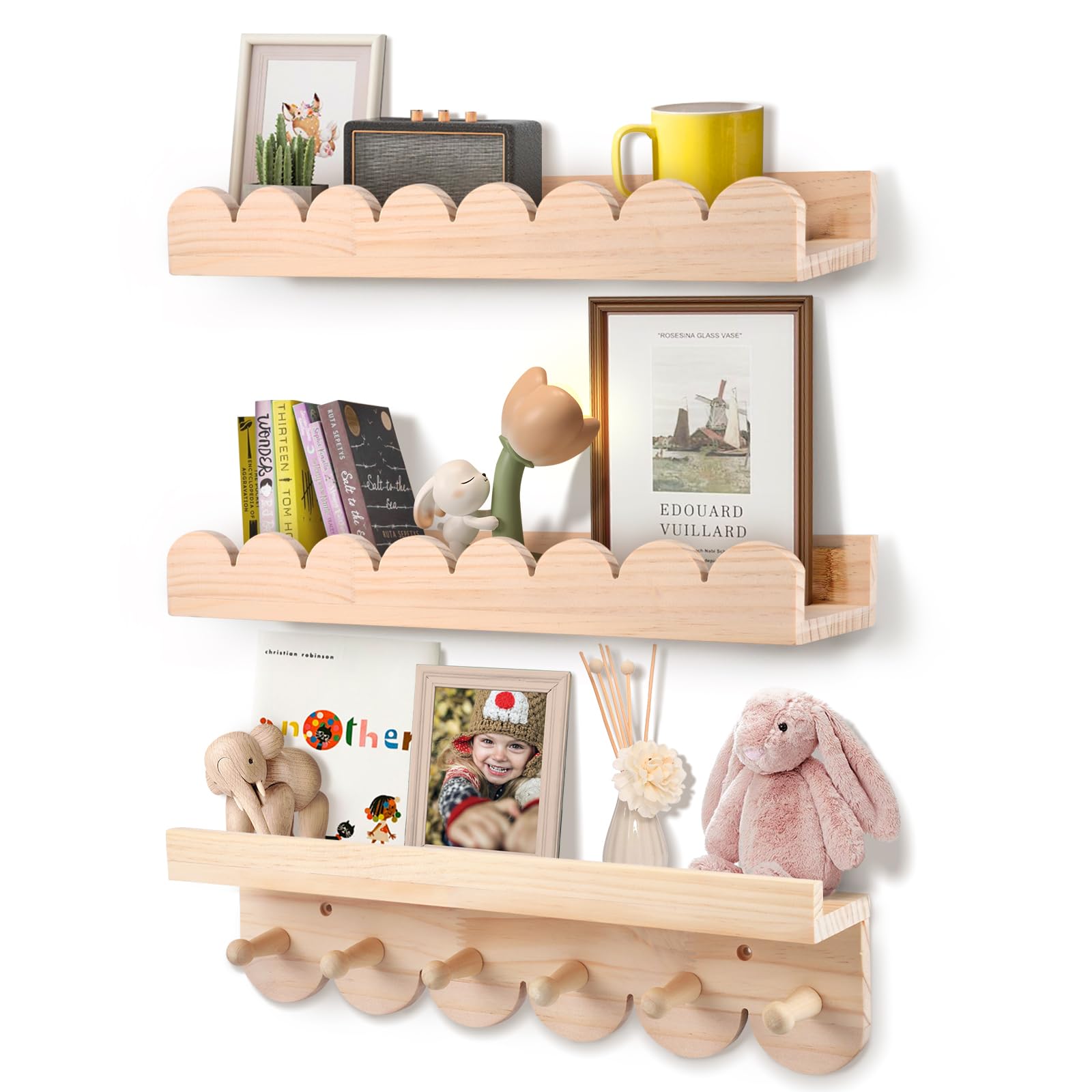 Strixorn 3er Set Bücherregal Kinder Wand, Wandregal Kinderzimmer 40cm, Holz Wandregal Bücher Schweberegale mit Holzhaken für Spielzimmer Schlafzimmer Wohnzimmer,Montessori Regal