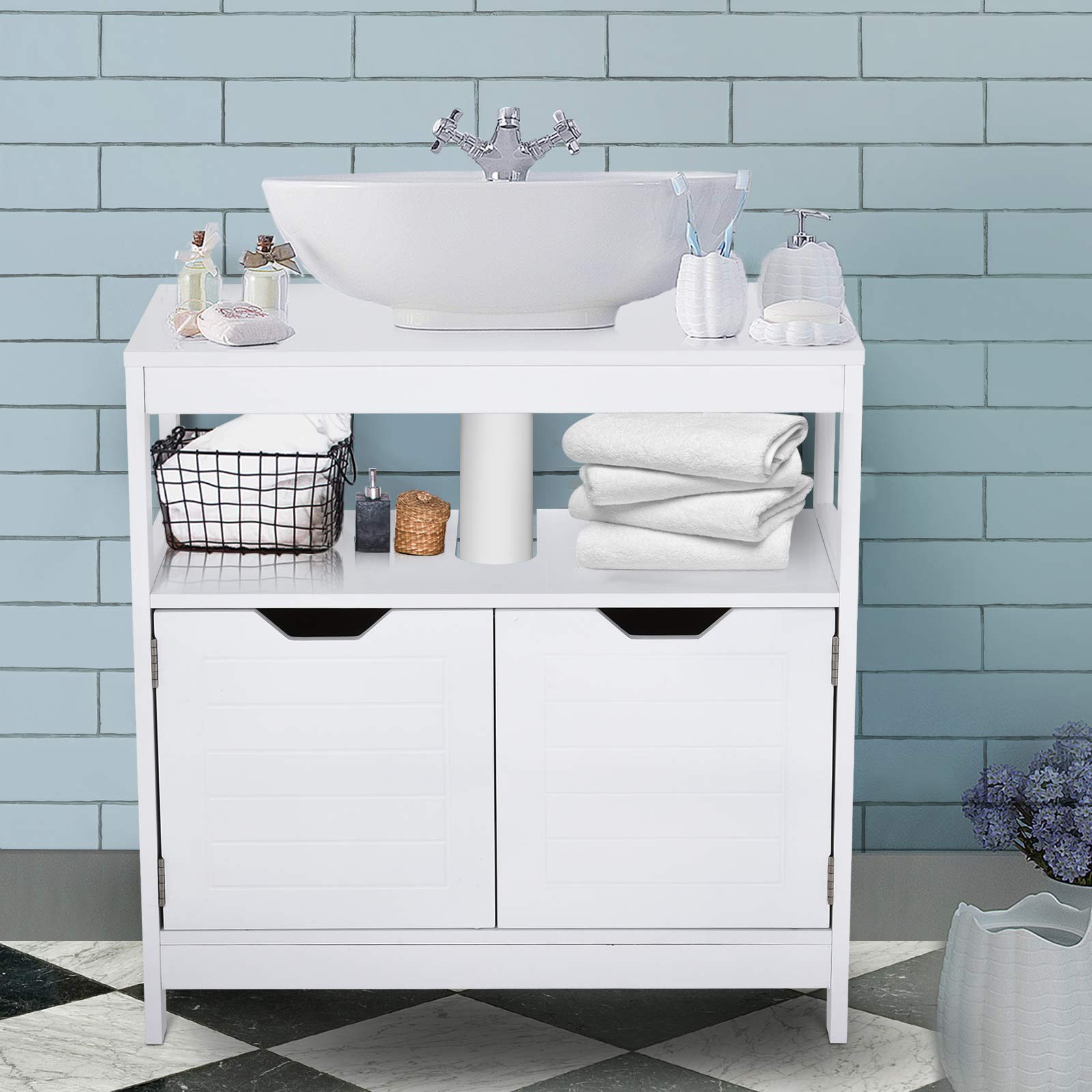 kleankin Armario para Debajo de Lavabo con Estante 60x30x60 cm Blanco | Gabinete de Baño, 2 Puertas de Almacenamiento, Dispositivo Antivuelco, Resistente a la Humedad