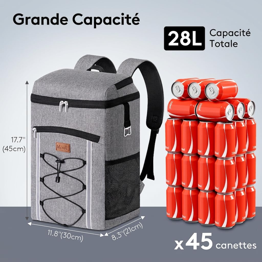 Lifewit Sac a Dos Isotherme 28L, Sac à Dos Glaciere Portable avec Doublure Imperméable, Glaciere Souple Isotherme pour Voyages, Camping, Randonnée, Pique-Niques, Plage, Gris