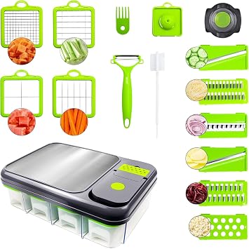 15-in-1 Vegetable Chopper & Slicer Set Multifunctional Food Chopper with Container, Mandoline Slicer, Dicer, Grater, Peeler & Cleaning Tools Kitchen Gadget for Onions, Carrots, Potatoes, Fruits