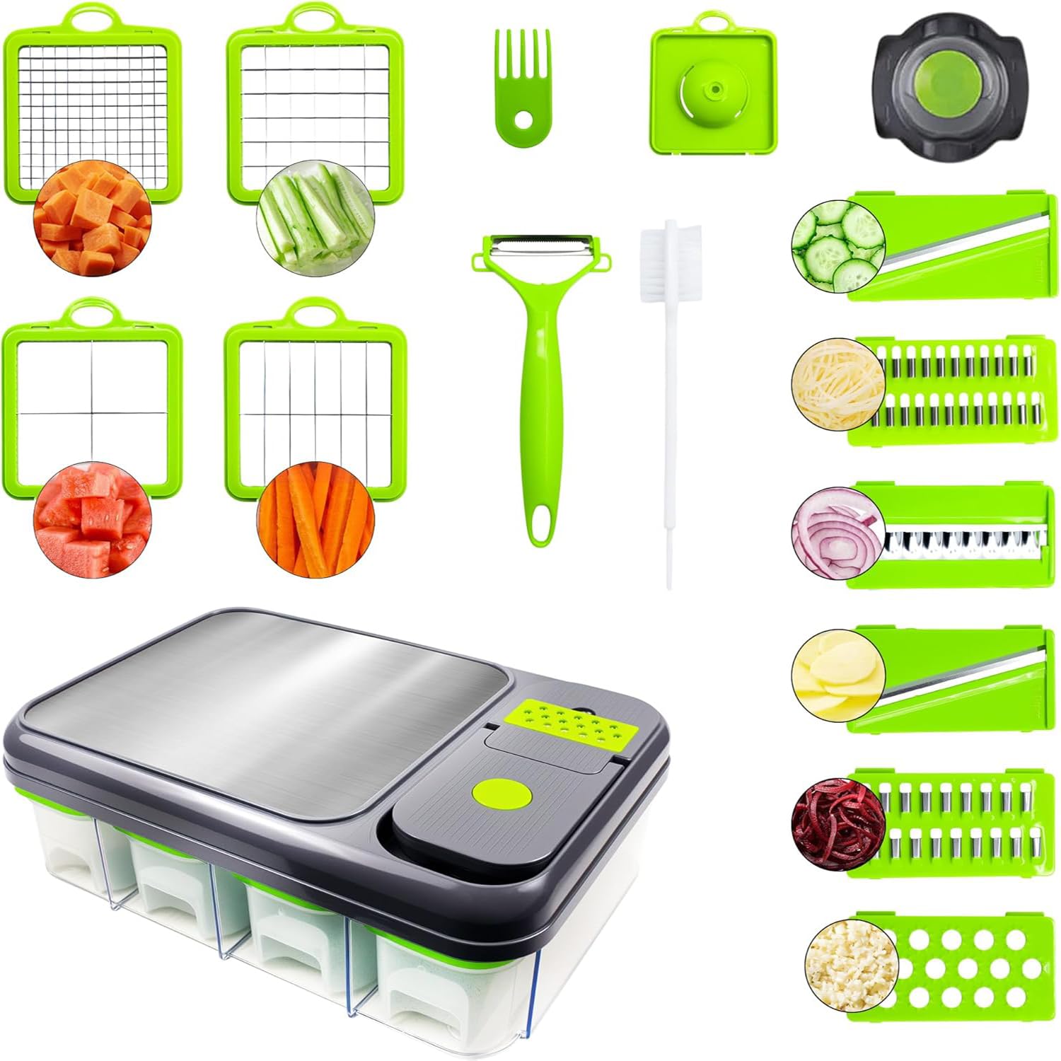 15-in-1 Vegetable Chopper & Slicer Set – Multifunctional Food Chopper with Container, Mandoline Slicer, Dicer, Grater, Peeler & Cleaning Tools – Kitchen Gadget for Onions, Carrots, Potatoes, Fruits : Home & Kitchen