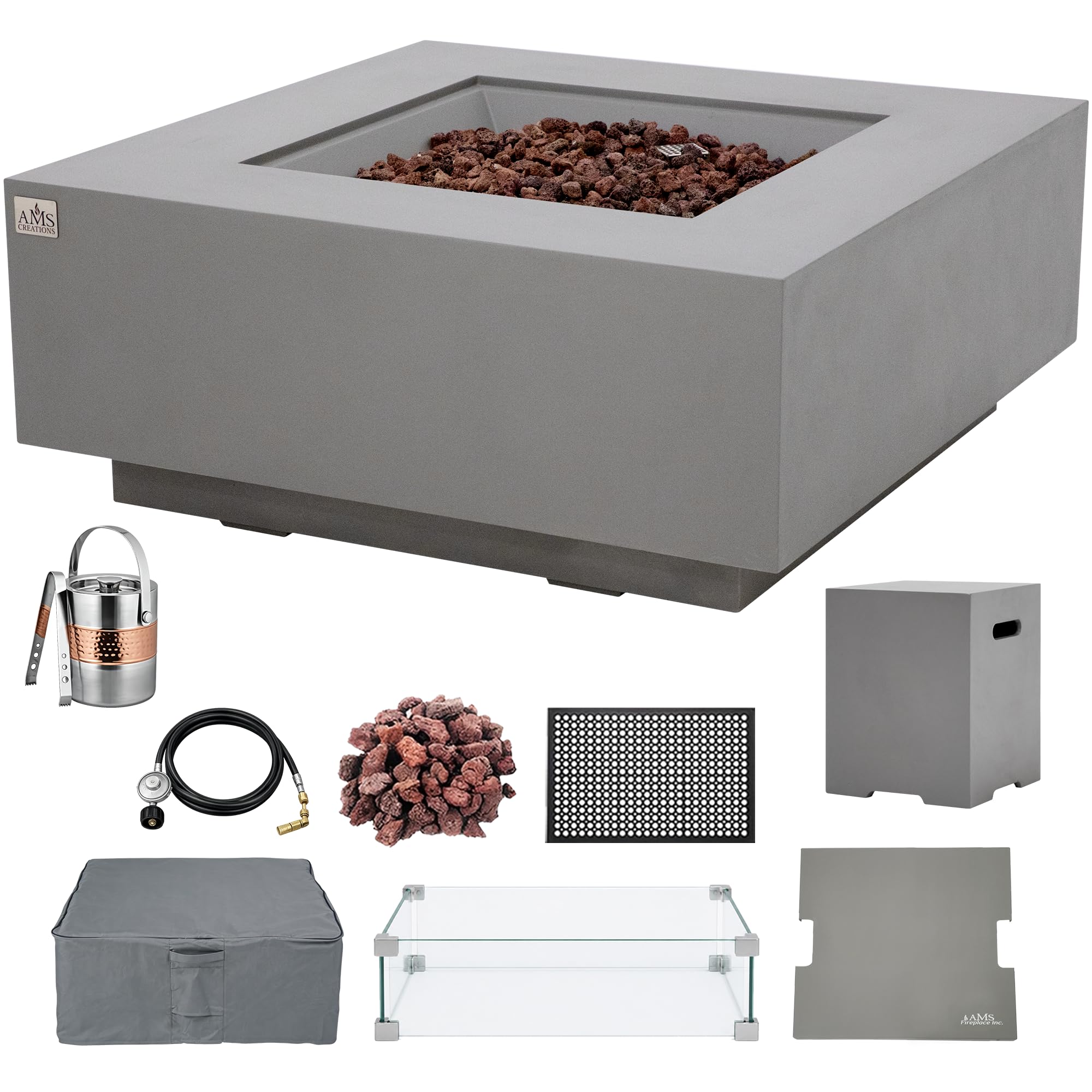 AMS 40" Square Concrete GFRC Propane Gas Fire Pit Table Bundle - Light Gray