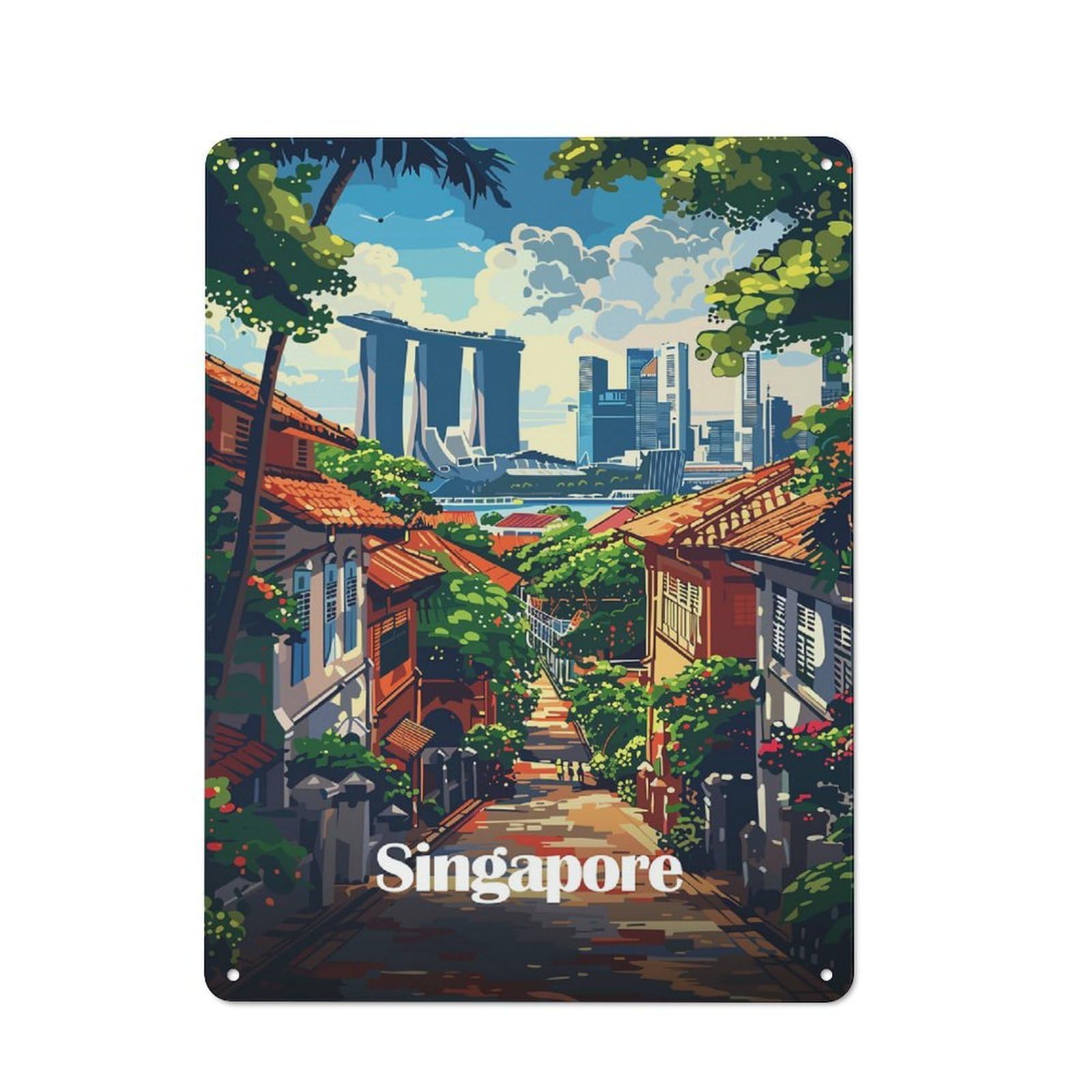 Workshop Style Singapore Cityscape Decorative Metal Plaque 40x30cm, Shed Wall Plaque for Tool Room, Garage, Studio Or Home Bar