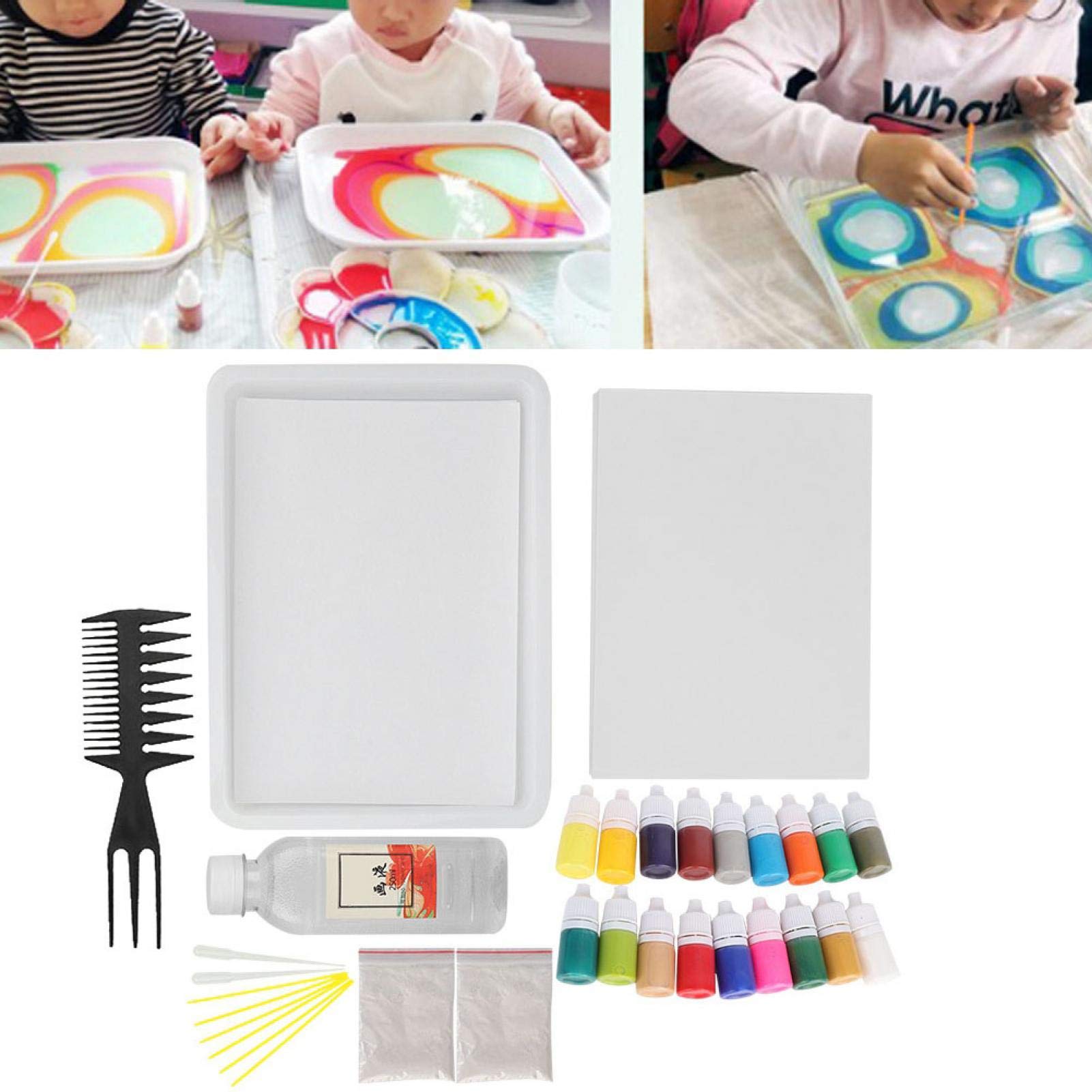 Pigment, Painting on Water PVC Plastic Manberce Marbling Painting Kit, Marbling Art for Children DIY Paper Marbling, for Glass Mineral Pigment(A5 Drawing Plate 18 Colors 6ml Gift Box)
