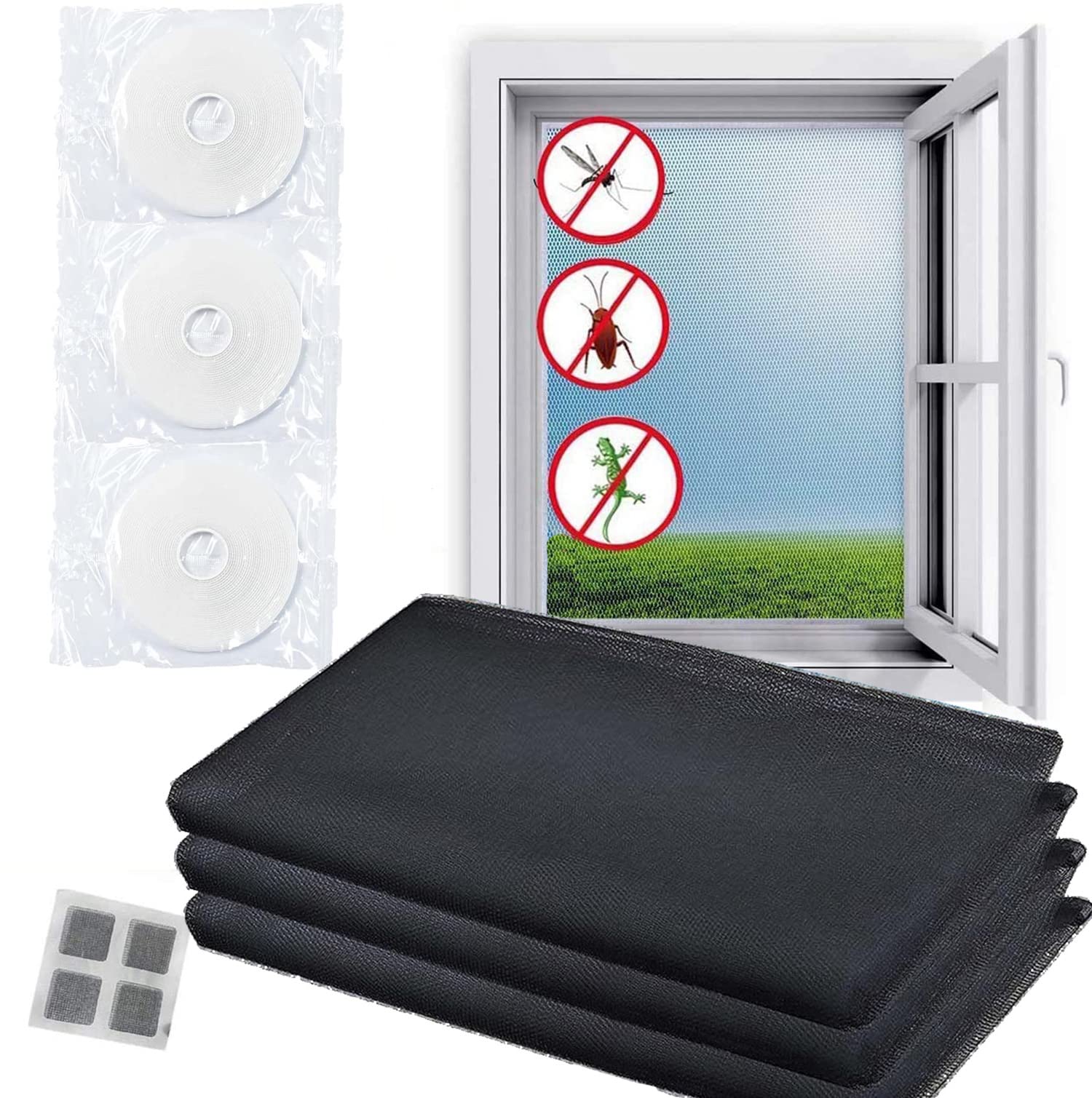 Moonmen Fly Screen Nets 3 Pack - 1.5m x 2m DIY Mosquito Insect Mesh Screen Protector Kit with Self Adhesive Tapes 3 Rolls Tape Transparent Cut Without Drilling(Black)