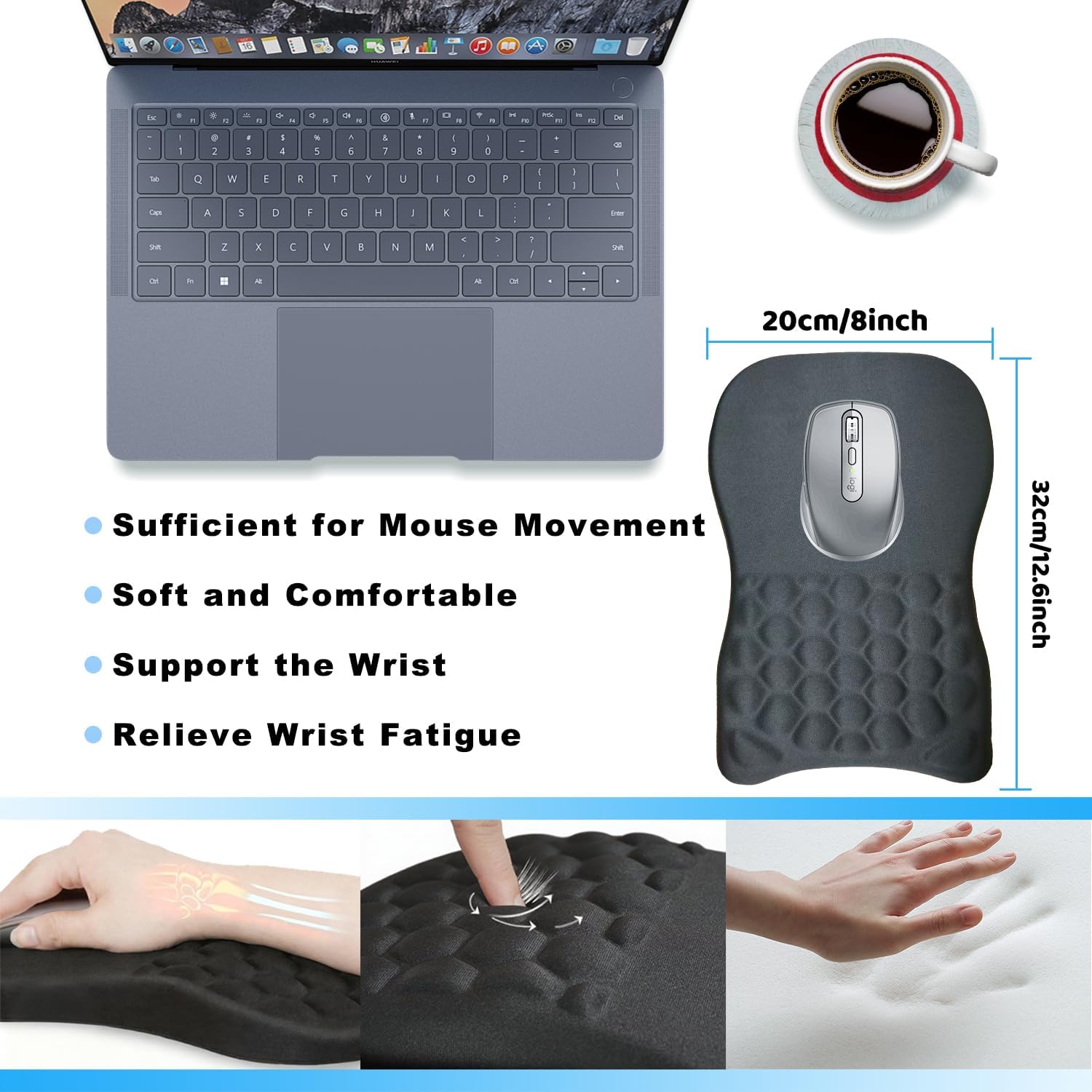 Black Ergonomic Mouse Pad Wrist Support,Memory Foam Wrist Rest Mousepad for Relieve Wrist Fatigue,Comfortable Massage Design Mouse Mat,Office&Game Mouse Pad for Laptop,Computer