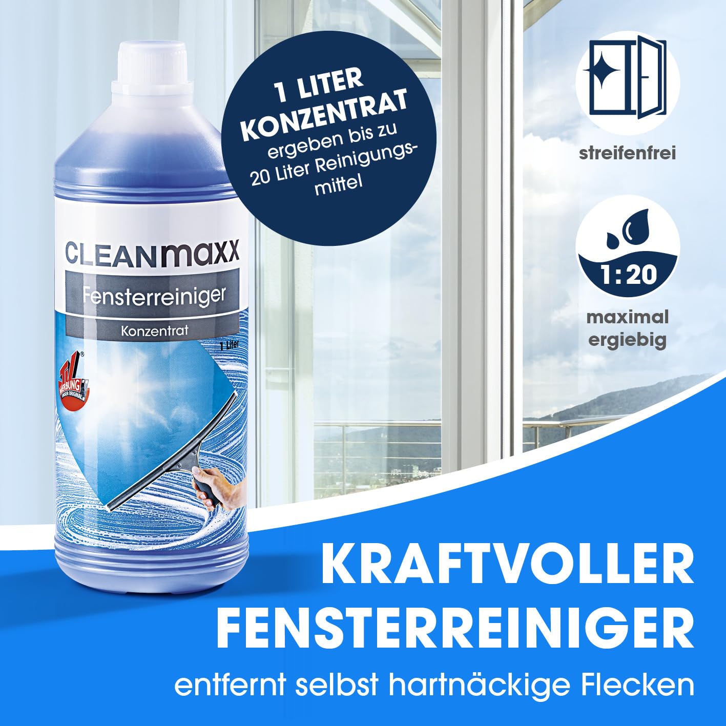 CLEANmaxx Fensterreiniger Set | 7-TLG. Fensterputzer Set für Oberflächen in Haus & Auto - inklusive Fensterabzieher, Fensterwischer, Reiniger, Wischtuch, Eimer und Halterungen für Wischer & Abzieher