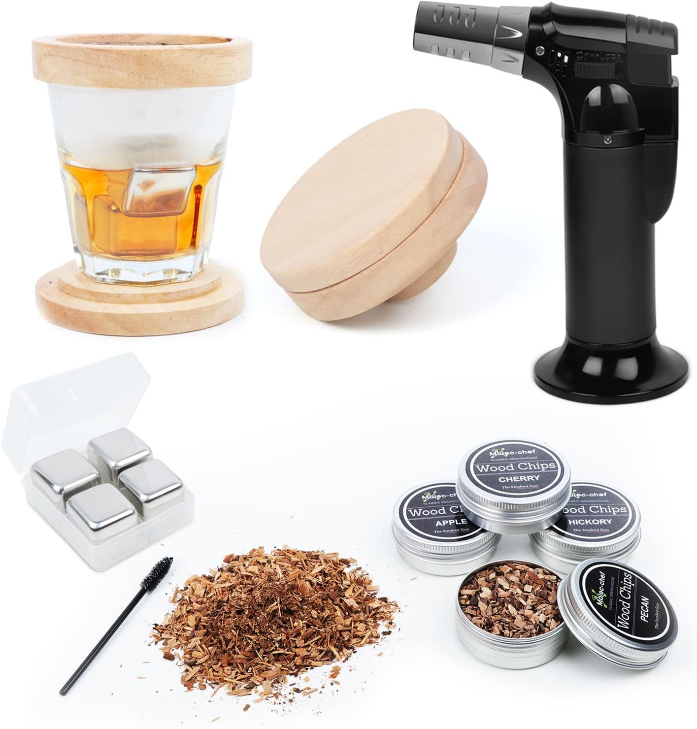 Cocktail Smoker Kit with Torch and Wood Chips-Old Fashioned Chimney Drink Smoker for Cocktails,Whiskey & Bourbon,Ideal Gifts for Men,Boyfriend,Husband,Dad (No Butane) (Smoker kit with Torch)