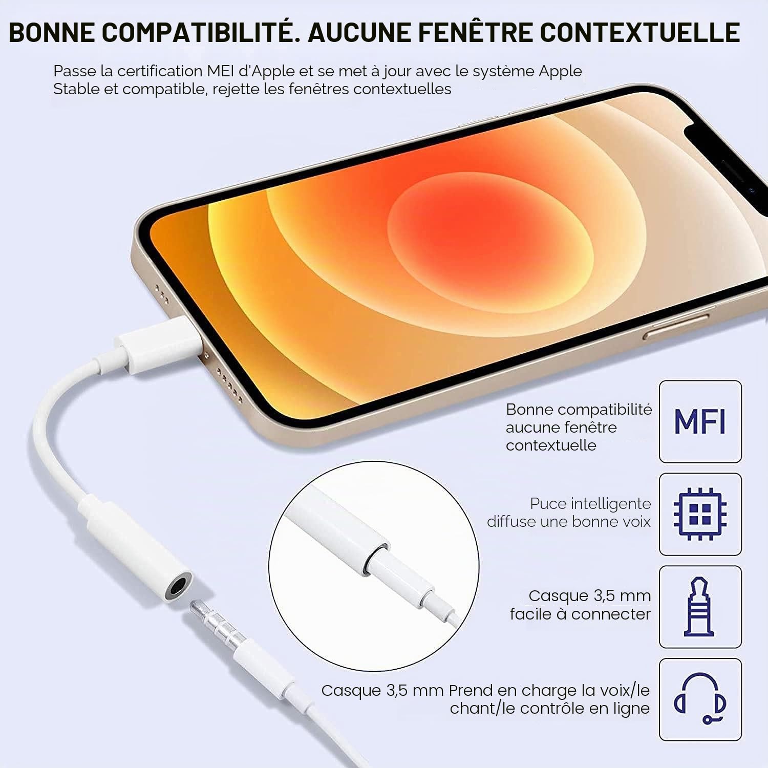 Adaptateur Lightning vers Jack 3,5 mm MFi pour iPhone 14/13/12/11/Xs/XR/X/8/7 - Lot de 2