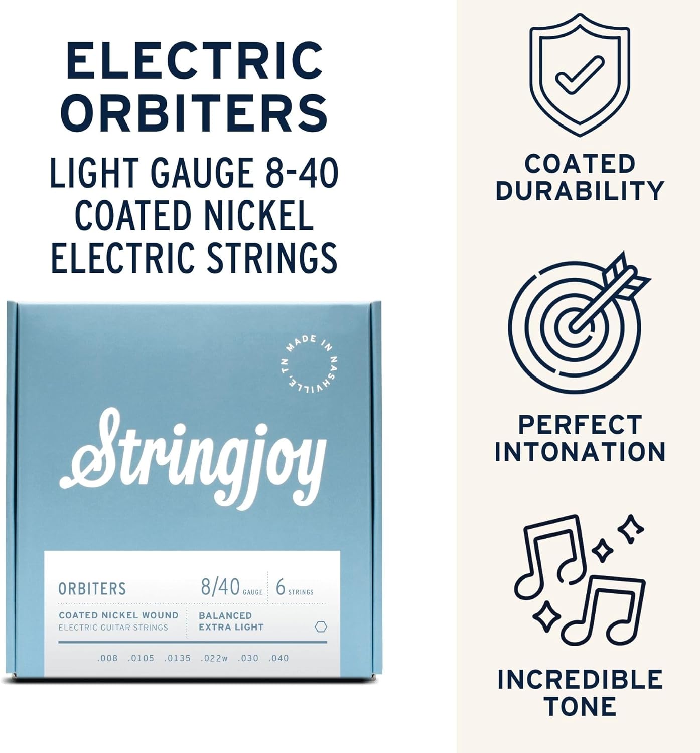 Stringjoy Orbiters 8-40 Balanced Extra Light Coated Electric Guitar Strings - Coated Nickel Electric Guitar Strings - Long-Lasting, Exceptional Feel and Incredible Tone, Electric 6 String Set, 2-Pack