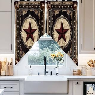 Rustic Texas Western Stars on Wooden Swag Valance for Kitchen Windows,Rod Pocket Short Window Treatment Tier Curtains,Vintage Farmhouse Wood Swag Topper Valances for Bathroom/Bedroom,1 Pair,36x63In