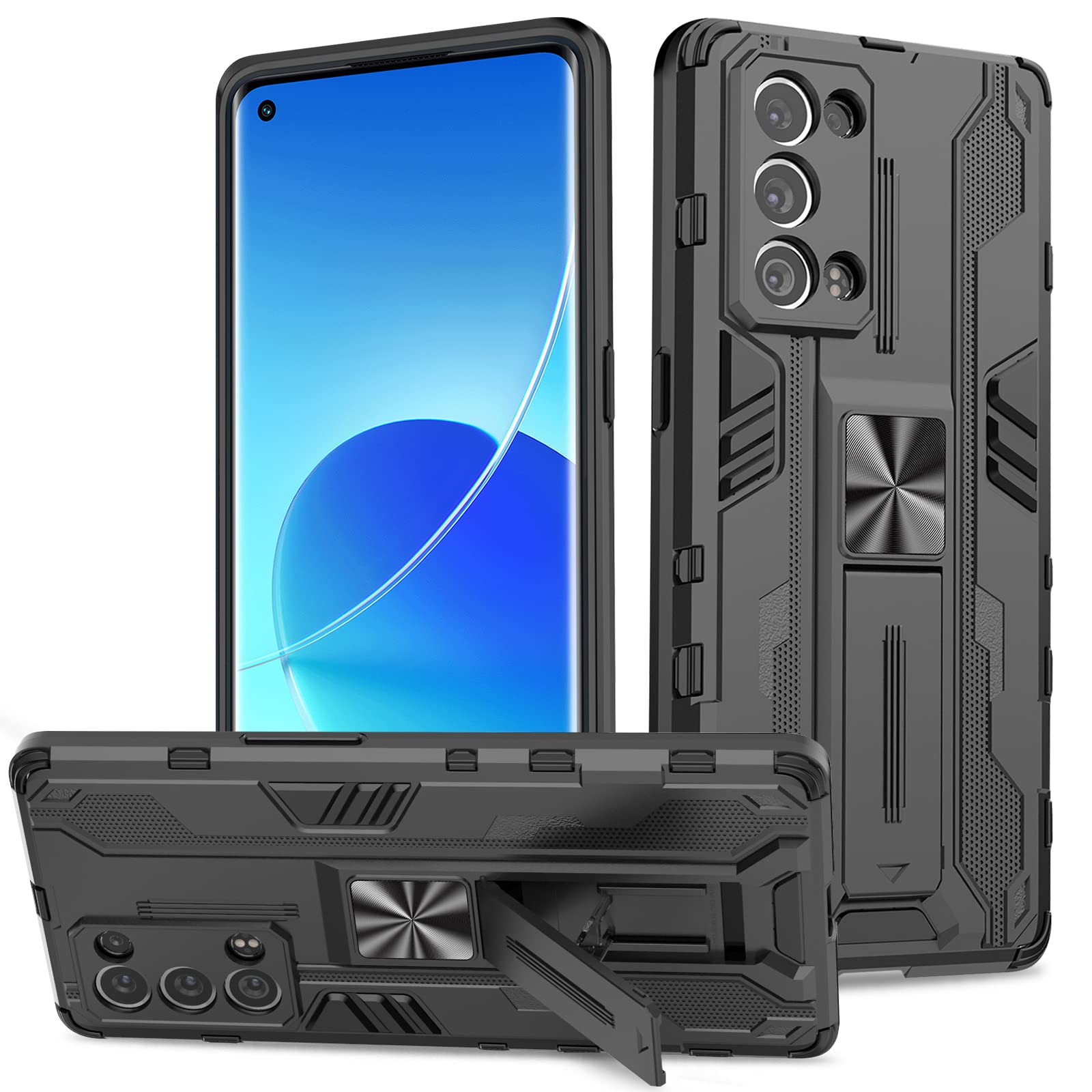 Btstring Cover per OPPO Reno6 Pro 5G, Militare Custodia con Stand Supporto Bumper Antiurto Case, TPU+PC Dual Layer Custodia- Nero