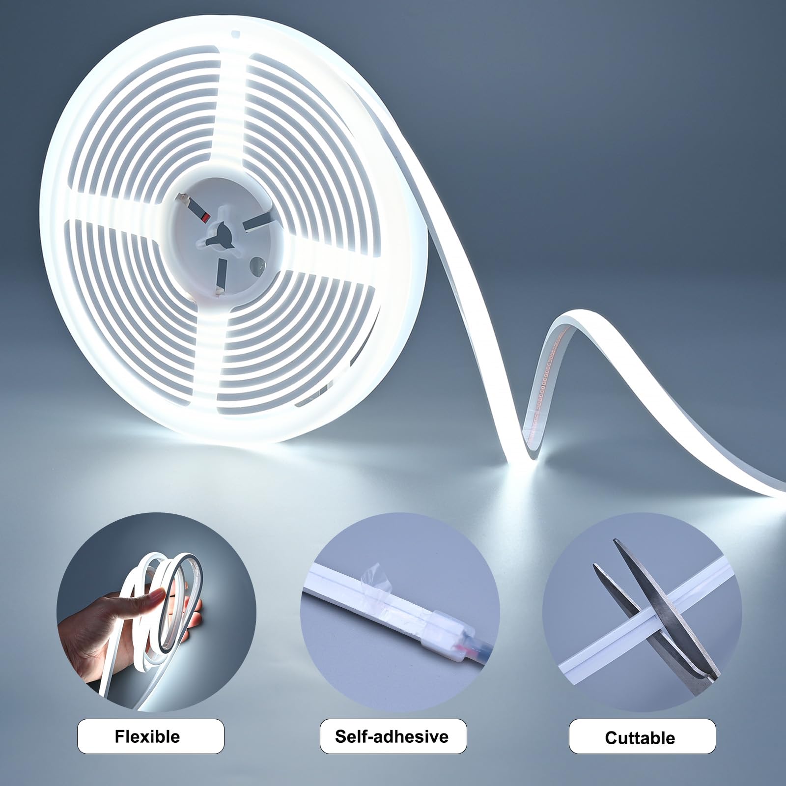 Tira LED 24V COB Blanco Frío 6000K Impermeable, 5M Autoadhesivo Cortable, CRI>90 480LED/M Ancho 10mm, Tiras de Luces Neon para Dormitorio Sala Gabinete Estar (Sin Fuente de Alimentación)