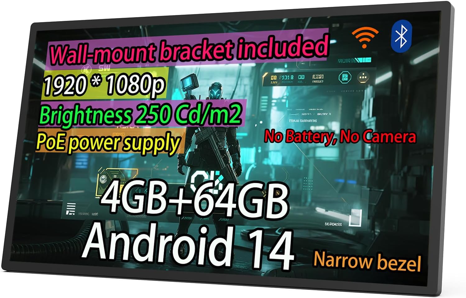 Slim Edge 15.6 inch Android 14 RK3576S Octa-core Digital Signage, Wall Mount 1080P IPS Touch Screen Tablet with POE, 4G+64G, Smart Home Control Panel Surveillance Monitor (NO Battery NO Camera)