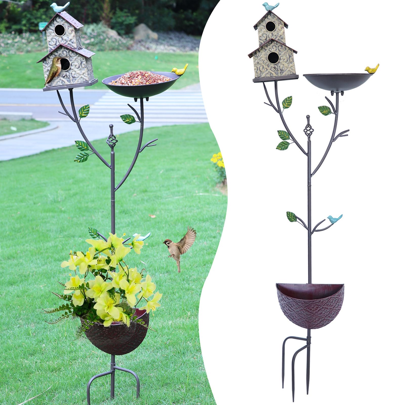 Combo de baño para pájaros y casa de pájaros para exteriores de 56.3 pulgadas con maceta, baño de metal para pájaros con casa para pájaros y maceta 3 en 1, adecuado para decoración de jardín,
