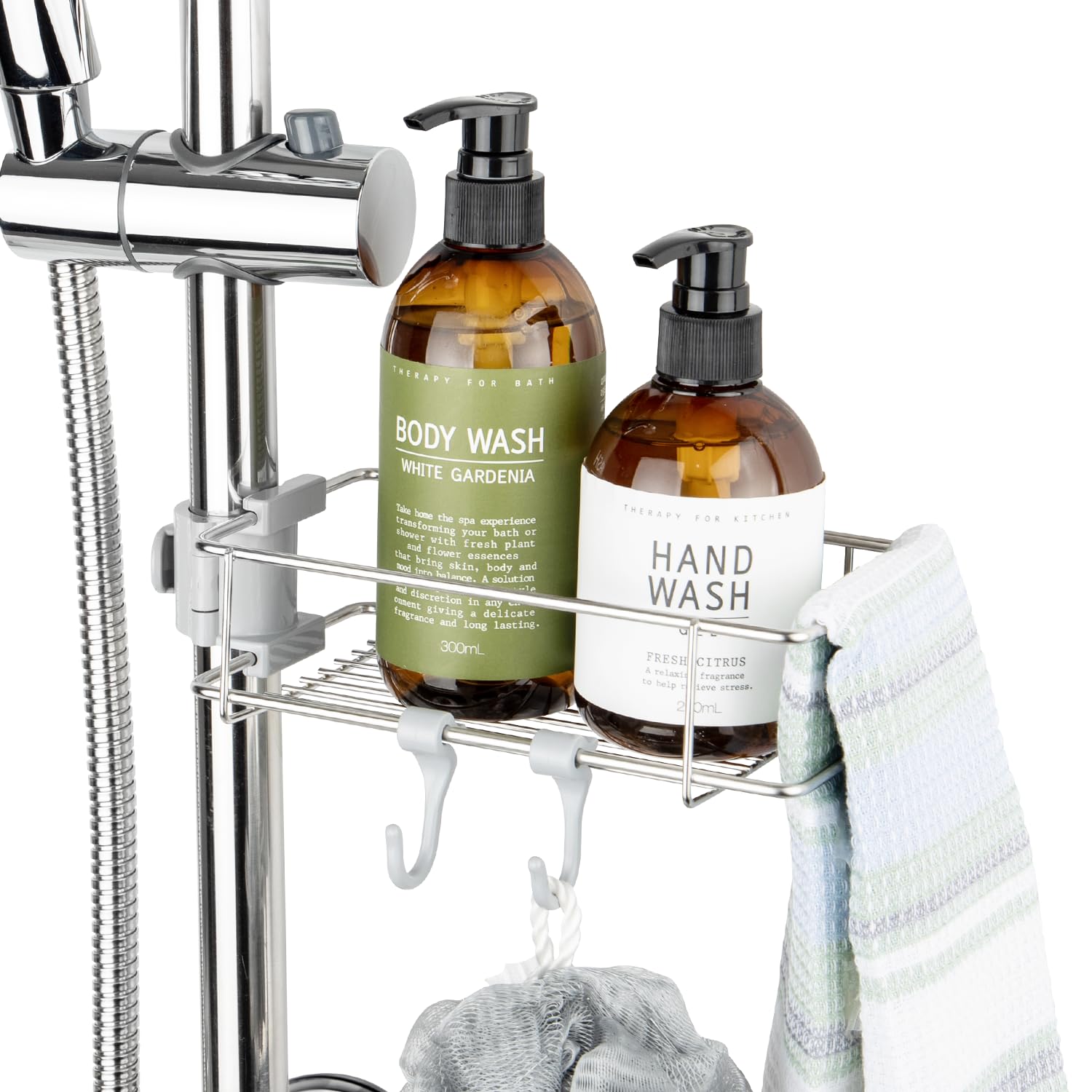 DeHUB Stainless Shower Caddy 7 with Hooks for Bathroom Shower Sink Countertop Shampoo Soap Sponge Easy Installation Dual