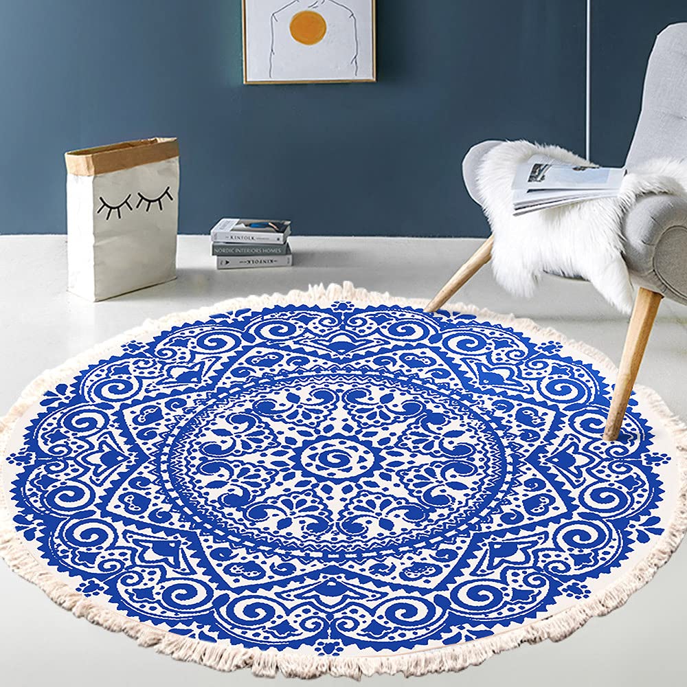 Vintage Boho Cotton Rugs, Mandala Pattern, Washable Hand Woven Bohemian Round Rug with Tassels for Bedroom, Hallway, Living Room, Coffee Table, Doormats, Machine Washable, 90 cm, Flowers #8 — image 1