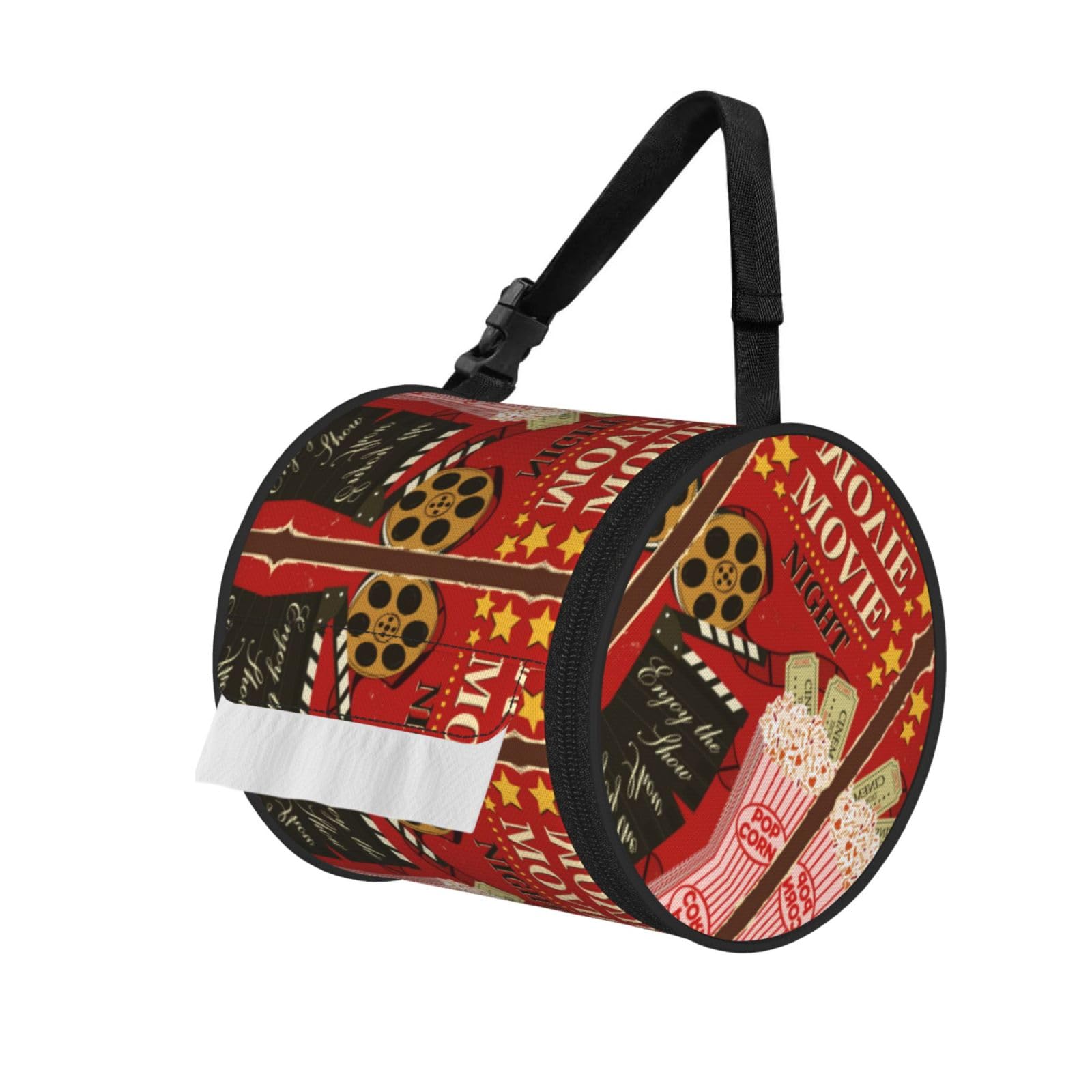 Movie Theme Print Round Tissue Dispenser Bag With Carry Strap, Portable Roll Holder For Car Travel Home