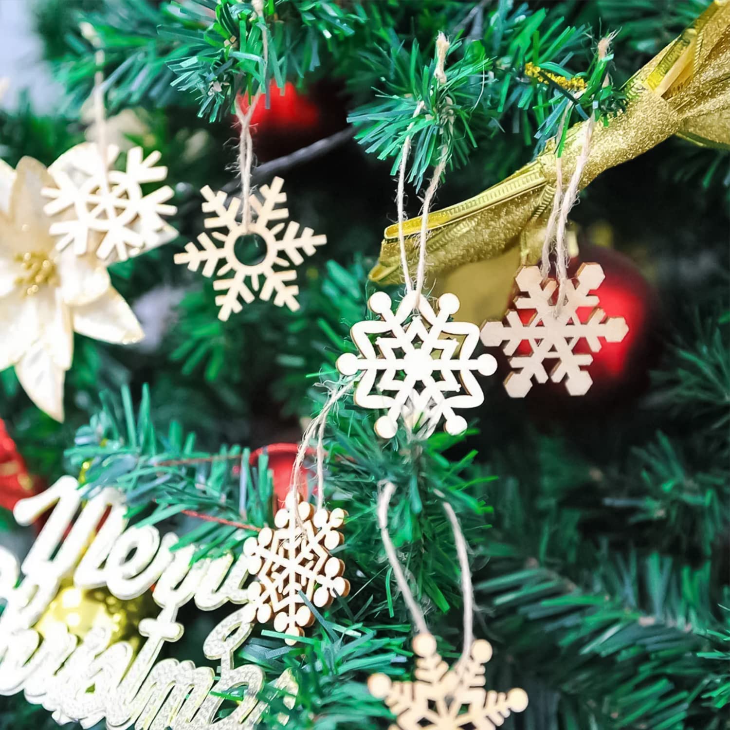 50 Pieces Flocons De Neige En Bois, Pendentif Flocon De Neige