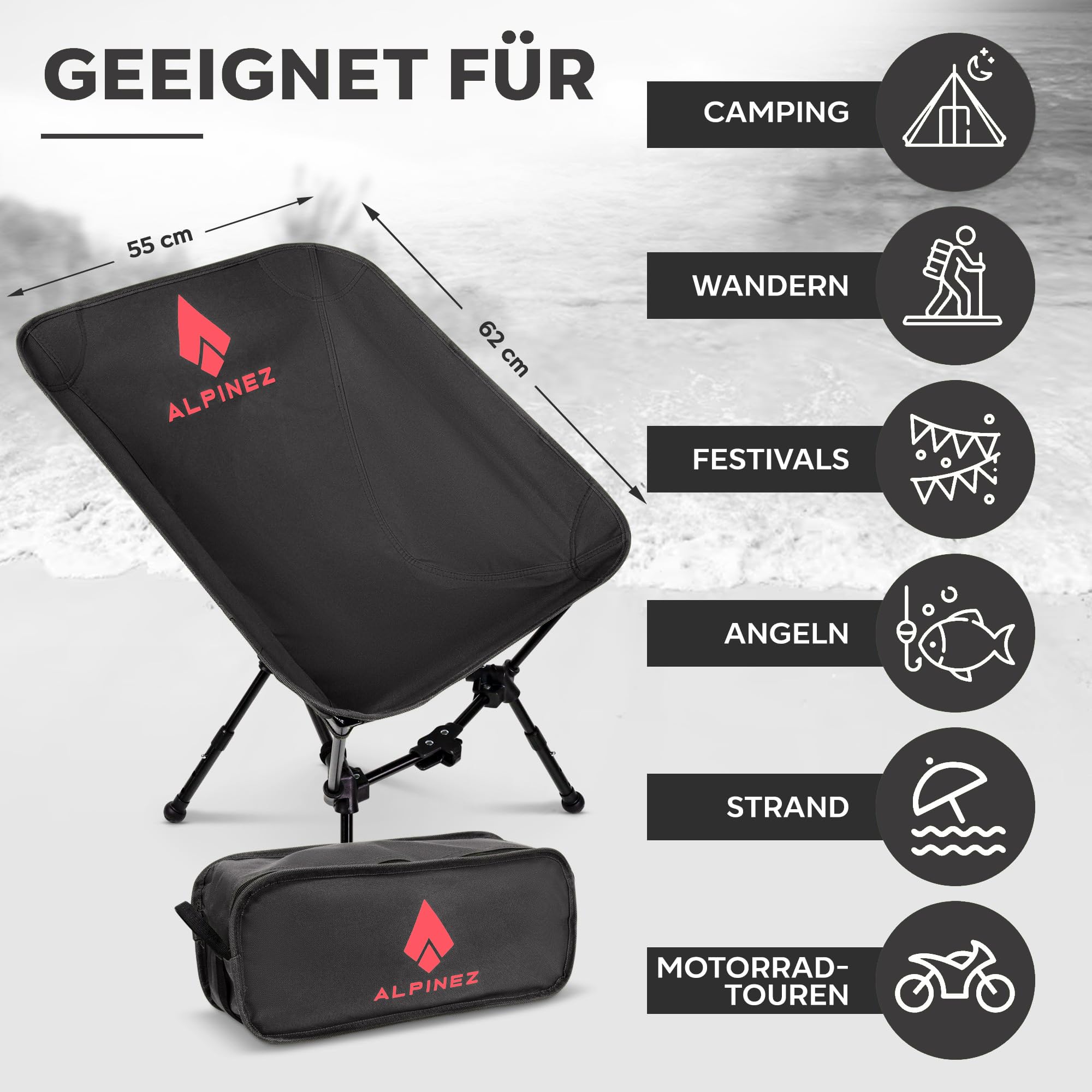 ALPINEZ Campingstuhl faltbar leicht hhenverstellbar | kleines packma  Faltstuhl Camping Stuhl klappbar | Angelstuhl Ultraleicht Campingsthle ...