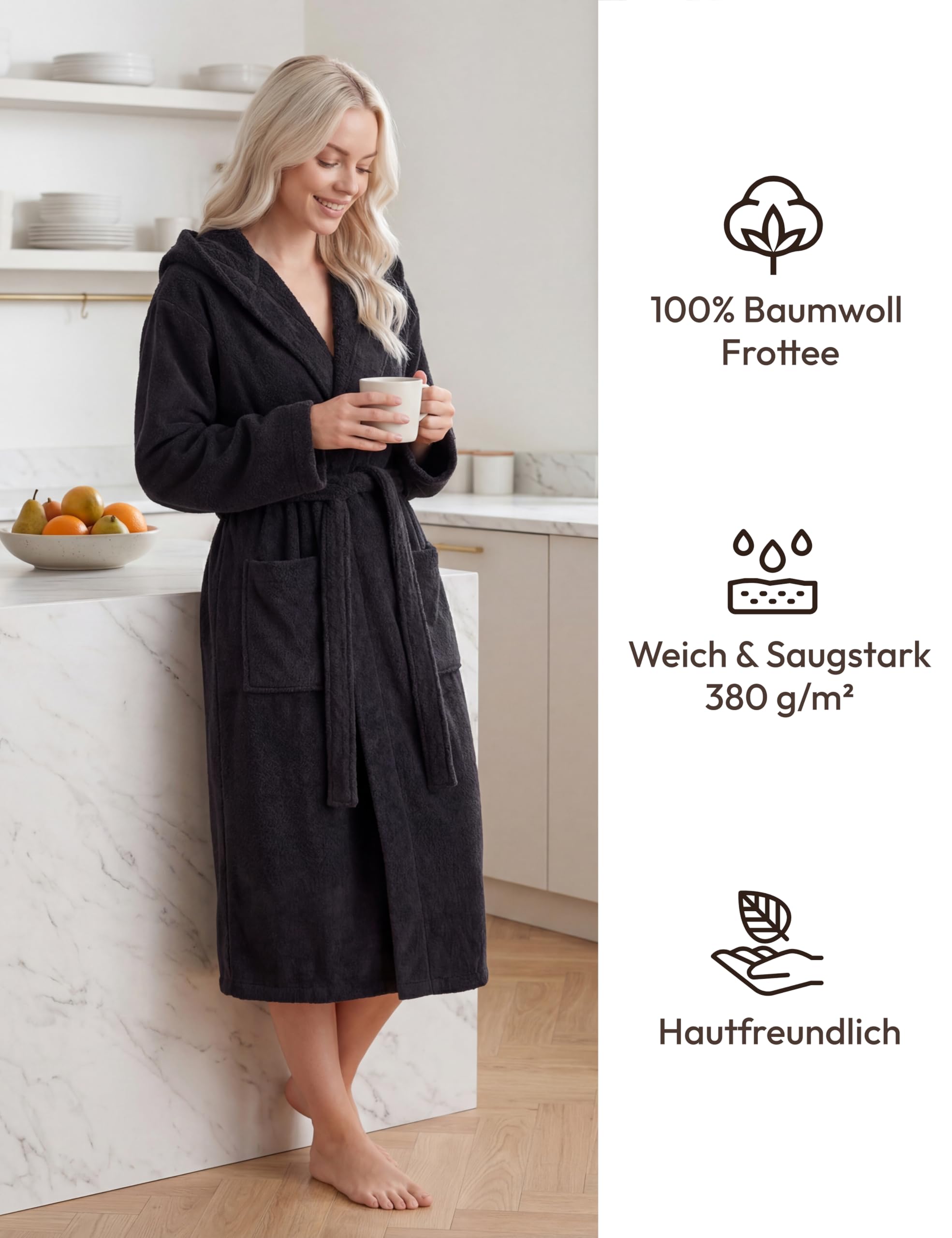 Accappatoio Donna Lunghezza Media con Cappuccio – 100% Cotone Spugna 380 g/m² – Accappatoio da Bagno, Spa e Casa, Lunghezza al Polpaccio, Morbido, Assorbente, Taglie S–XXL