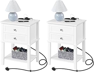 Yaheetech White Bedside Tables set of 2, Bedside Cabinets with Charging Station and 2 Drawers, Wooden Side Table Nightstand with Shelf for Bedroom Living Room Small Space, Modern Accent Furniture