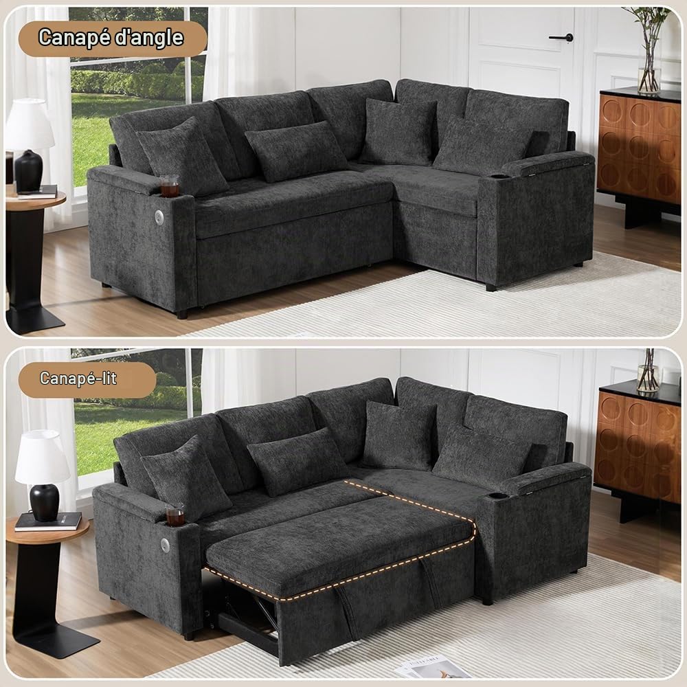 Sweiko Canapé d'angle Convertible en L avec Compartiment de Rangement, Porte-gobelets, Ports de Recharge USB, tablettes d'accoudoirs et Quatre Coussins, adapté aux Salons (Dark Gray)