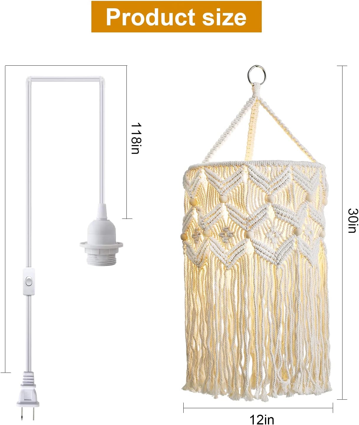 Bioaqua Boho Lamp Shade,Macrame Pendant Light Shade, Handmade Boho Light fixtures Hanging Lights with Plug in Cord,Boho Hanging Lamp for Living Room Bedroom(Type 2)