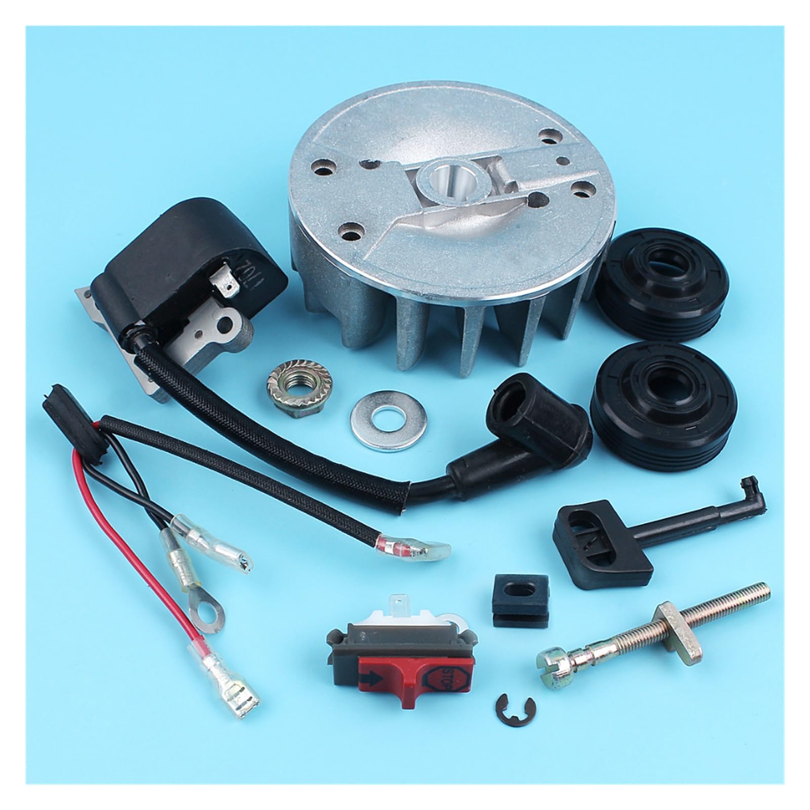 Interruptor de volante, bobina encendido, tensor cadena, sellos aceite for HUSQVARNA 137 137E 142 142E, motosierra con tuercas, palanca estrangulación