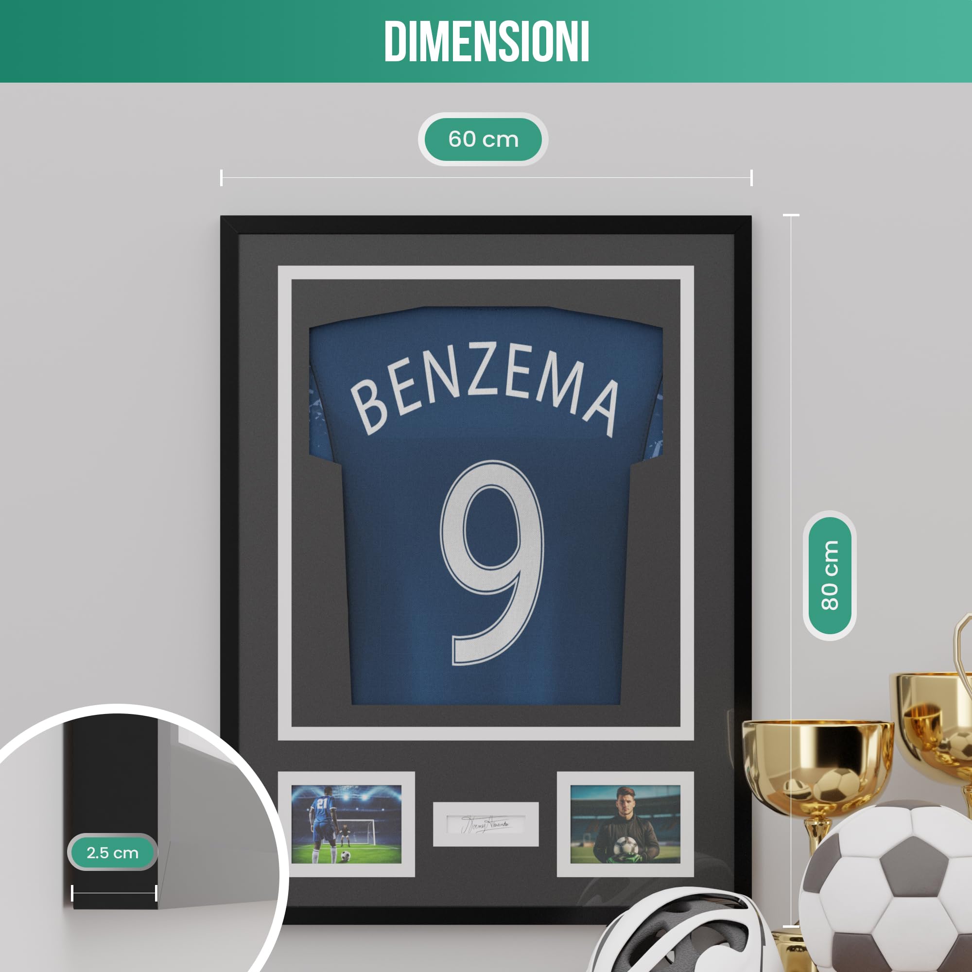 Avalo Cornice per oggetti in alluminio – Incorniciatura maglia da calcio – 3D Box Frame – 60 x 80 cm – Nero – Maglia incorniciata in cornice
