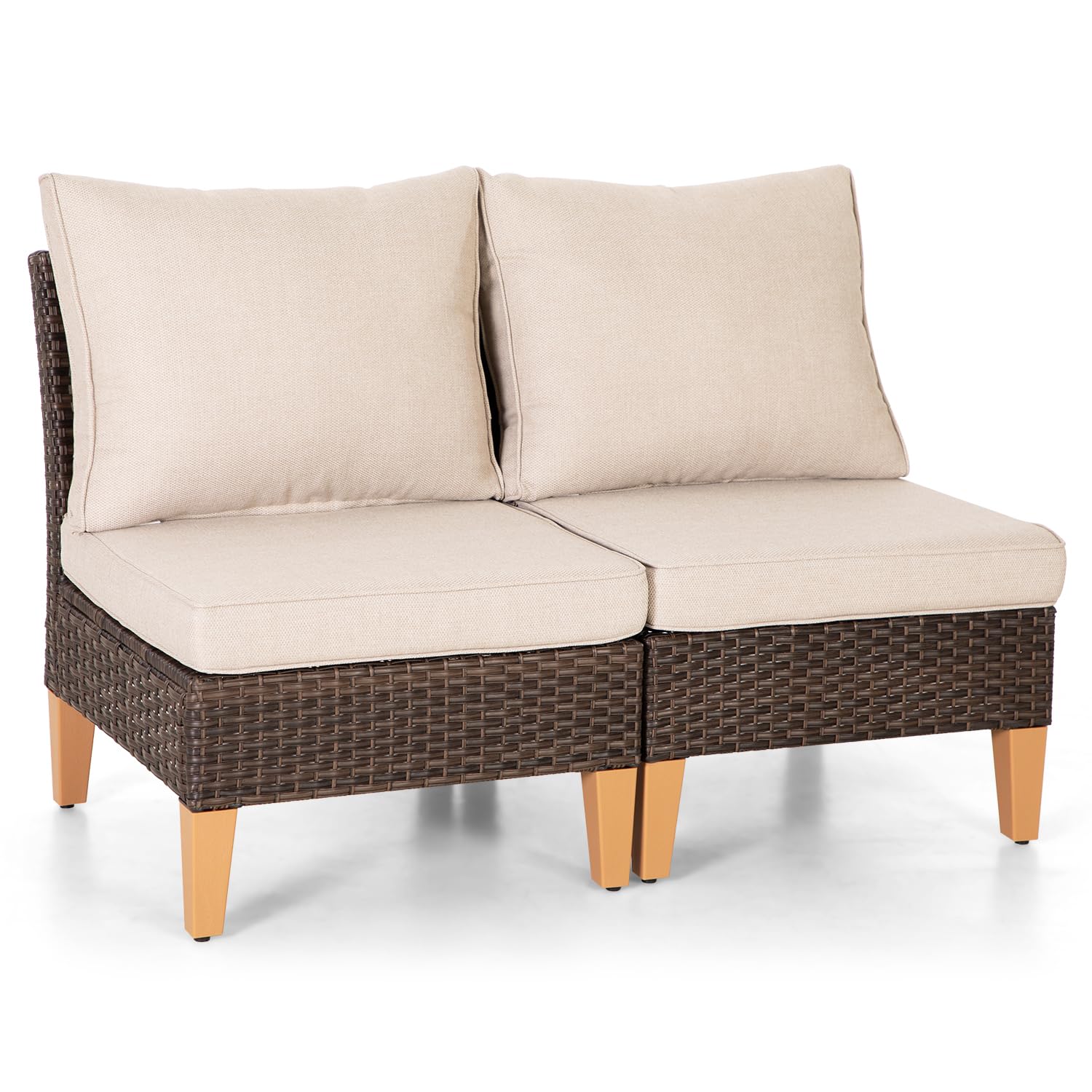 PHI VILLA Oversized Outdoor Wicker Patio Furniture Sofa Set of 2 Pieces Beige Patio Conversation Armless Rattan Sofa Chair Outdoor Bistro