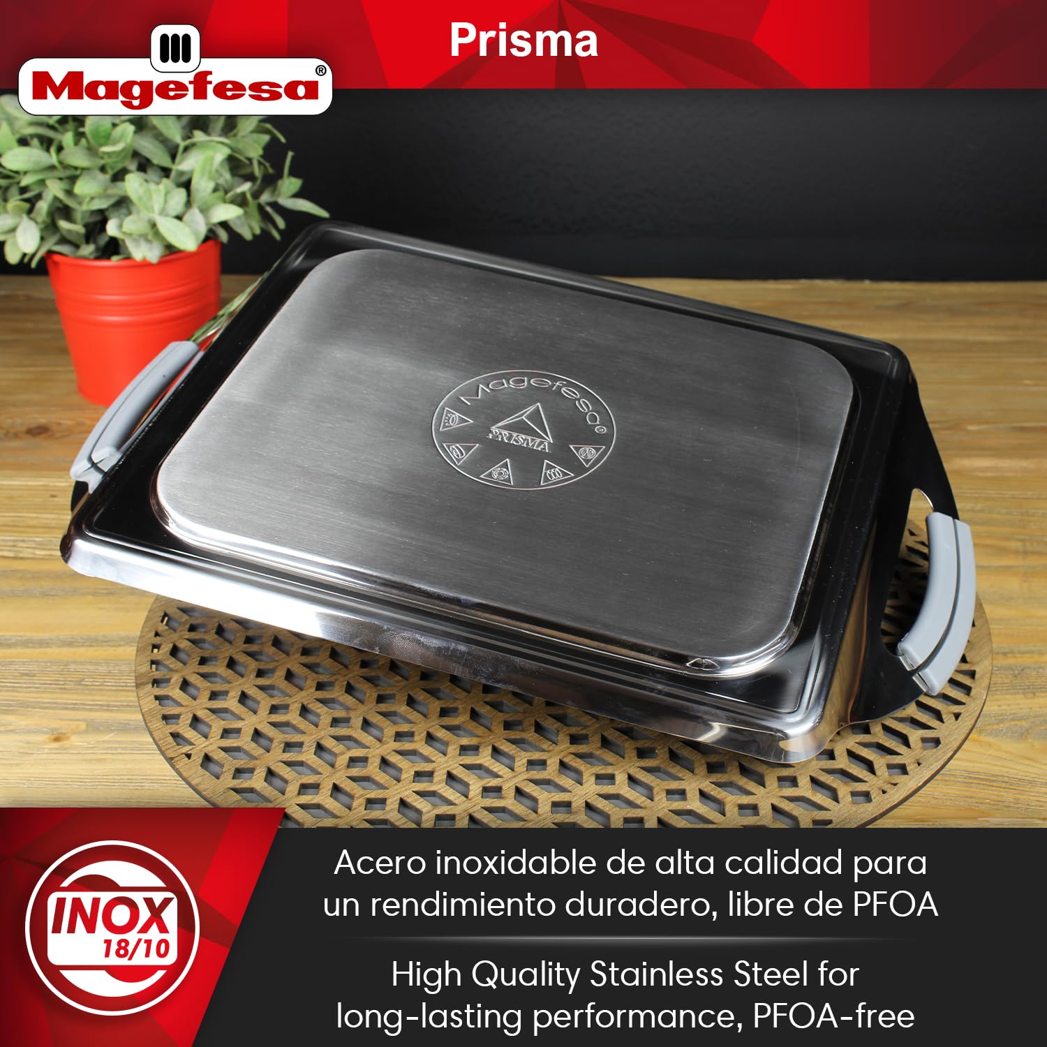 MAGEFESA Prisma – 10.8 inches Teppanyaki Griddle pan, made in 18/10 stainless steel, triple layer non-stick, for all types of kitchens, INDUCTION, dishwasher and oven safe up to 392 ºF