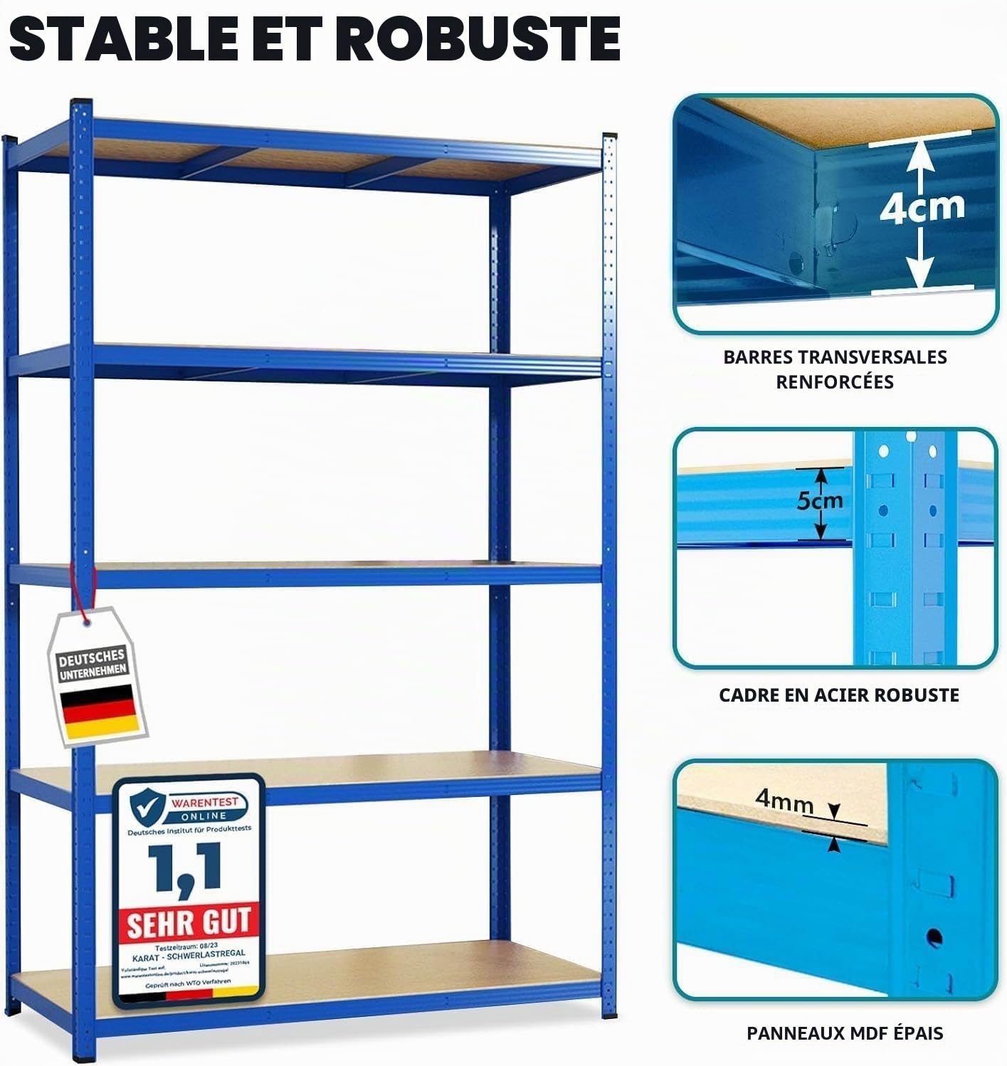 casa pura Étagère pour charges lourdes - 200 x 100 x 50 cm - Bleue - Étagère de rangement - Système d'emboîtement à monter sans outils